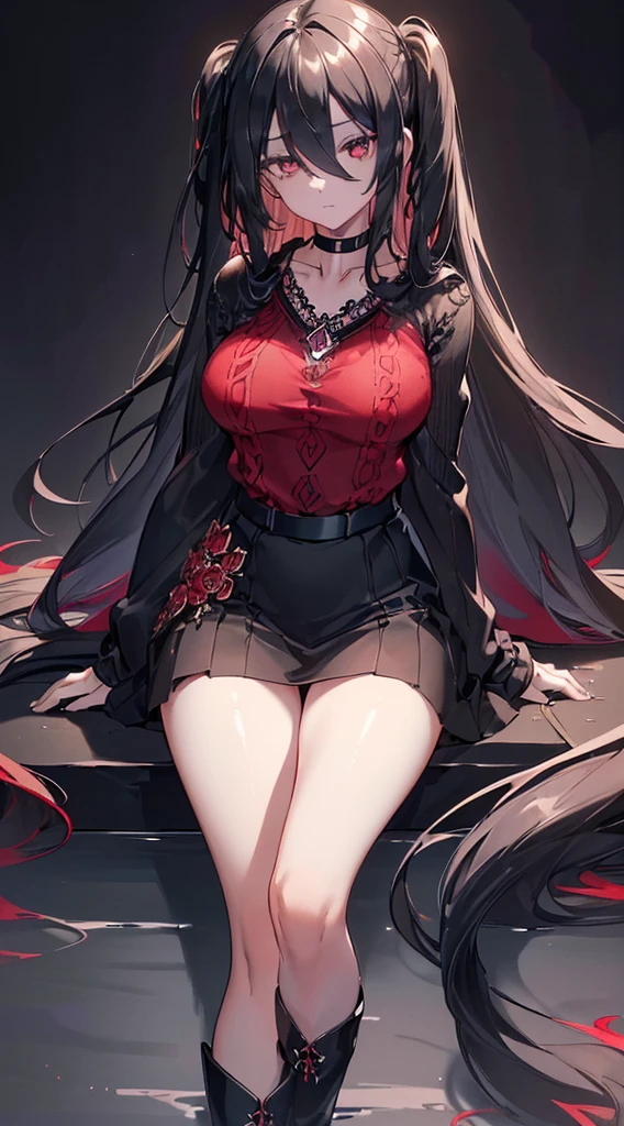 (((((extremely detailed CG unity 8k wallpaper)))), (((ultra-detailed))), (((extremely detailed))), (((best illustration))), best illumination, ((extremely delicate and beautiful)), ((an extremely delicate and beautiful girl)), dark theme, modern, (tokyo (city)), ((girl (solo))), ((finely detailed beautiful eyes and detailed face)), (((black hair))), (((really long hair))), (((hair over right eyes:1.9))), shiny hair, ((red eyes(empty))), beautiful detailed eyes, mature female, kind girl, ((black choker(ruby pendant))), slender, big breast, (((intricate details))), (elegant black and red sweater), (black skirt), medium black boots, bishoujo, expressionless