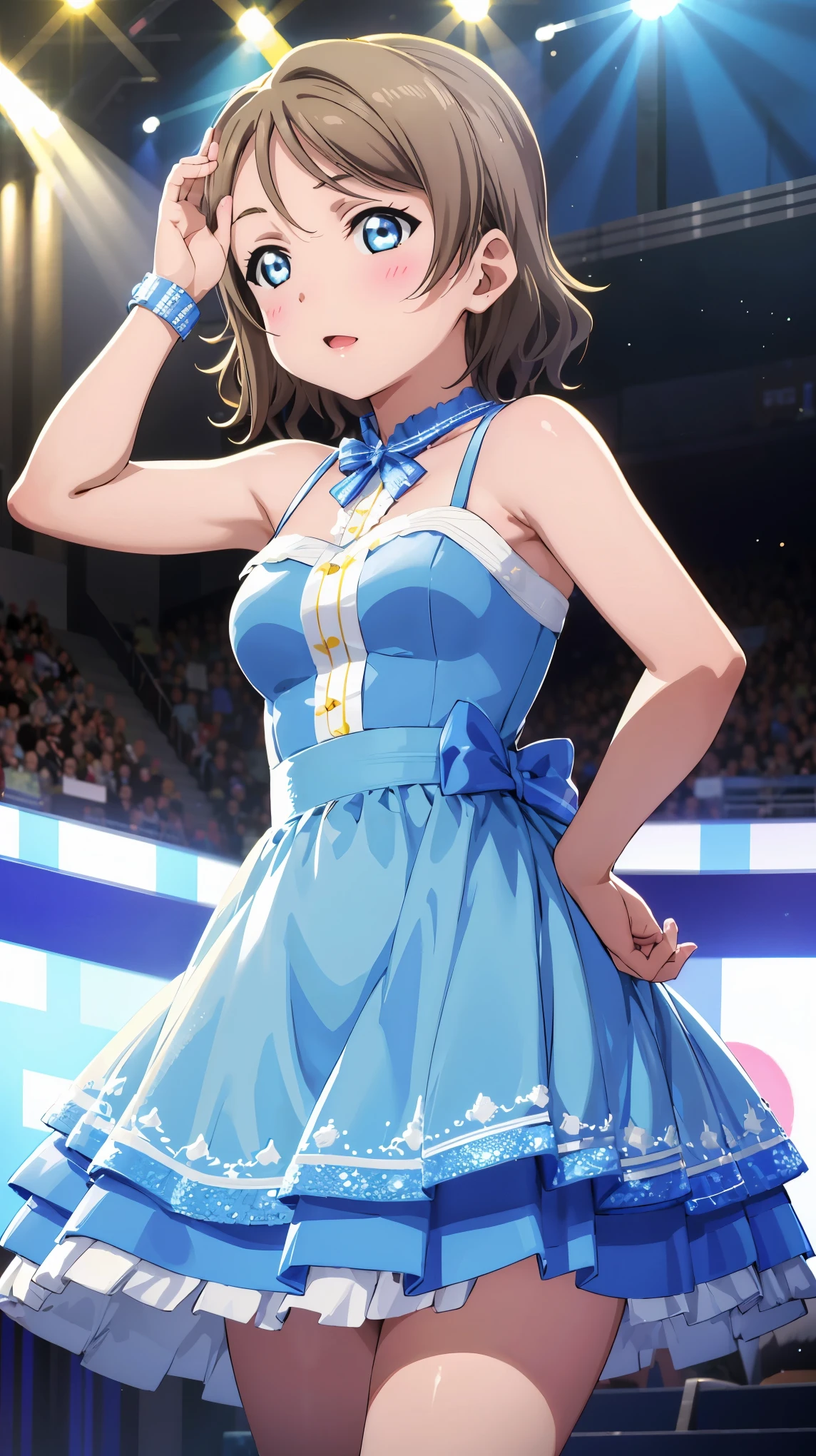 (((Perfect pixel, Perfect details))), Single, 1girl, You are Watanabe, Uranohoshi , dress, stage love live, sing, 