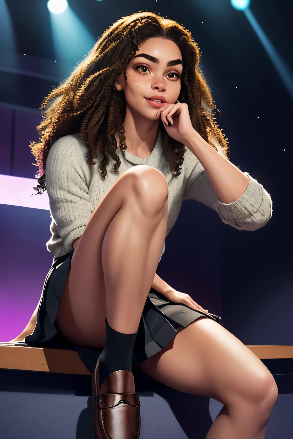 1girl (sitting down), wearing a  with a pleated skirt and loafers, black socks rolled up at the knees, her long, curly brown hair falls over one eye as she looks intently at the audience with an animated expression, her shiny skin glows under the soft, pastel lighting, highlighting the subtle curves and textures of her face and thighs.

(Detailed description of the girl's face: Her oval face is adorned with fine freckles, her brows perfectly arched and framing her bright, sparkling brown eyes that reflect the warmth of her personality. Her nose is a perfect button, and her lips are parted slightly, revealing a hint