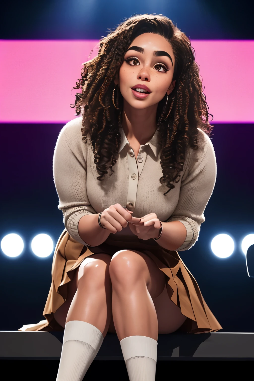 1girl (sitting down), wearing a  with a pleated skirt and loafers, black socks rolled up at the knees, her long, curly brown hair falls over one eye as she looks intently at the audience with an animated expression, her shiny skin glows under the soft, pastel lighting, highlighting the subtle curves and textures of her face and thighs.

(Detailed description of the girl's face: Her oval face is adorned with fine freckles, her brows perfectly arched and framing her bright, sparkling brown eyes that reflect the warmth of her personality. Her nose is a perfect button, and her lips are parted slightly, revealing a hint