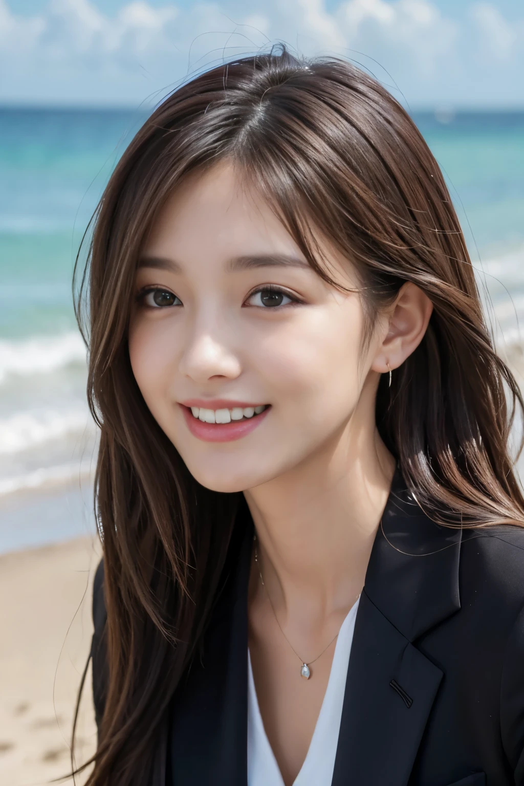 table top, best quality, realistic, very detailed, in detail, high resolution, 8k wallpapers, 1 beautiful woman,, Light brown messy hair, in a business suit, sharp focus, Complete dynamic configuration, beautiful and delicate eyes, detailed hair, 섬세하고 realistic 피부 결, laughing, Close-up portrait, Model Body Type, at the beach
