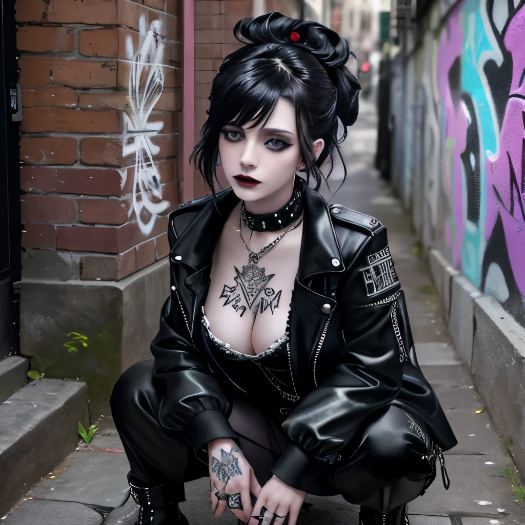 Masterpiece, absurdres,award winning photo, extremely detailed, amazing, fine detail, extremely detailed eyes and face,goth woman, woman crouching in an alleyway, punk clothing, punk hair, pale skin, graffiti, tattoos, black lips