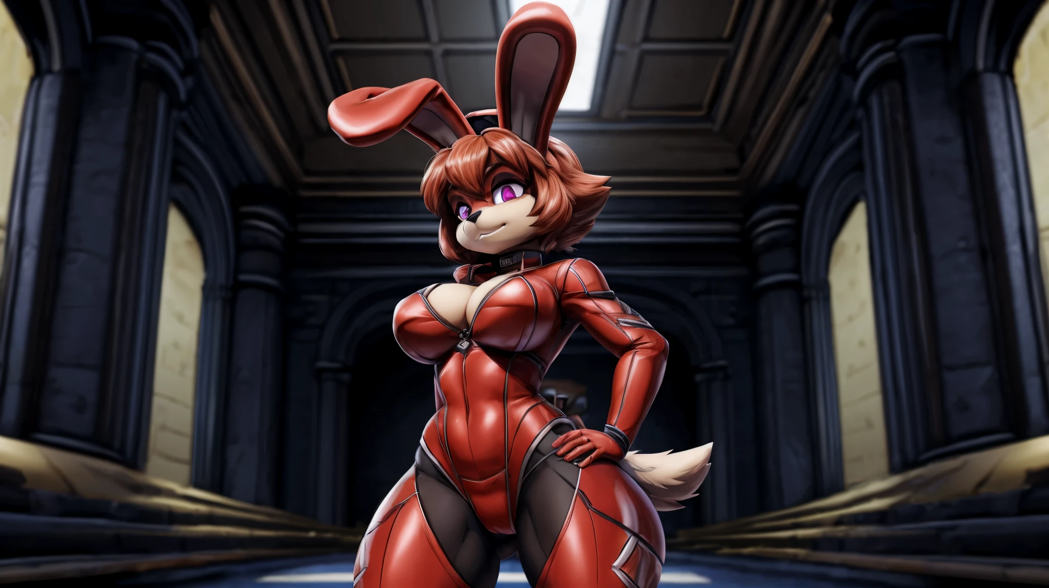 Skye, female cockapoo with floppy ears, anthro, ginger hair, magenta eyes, tall, slender, standing, red full armored ballistic suit bunny suit, two red bunny ears on top of head, neutral expression, serious, extremely detailed, solo, beautiful, high quality, 4K, 8K, HDR