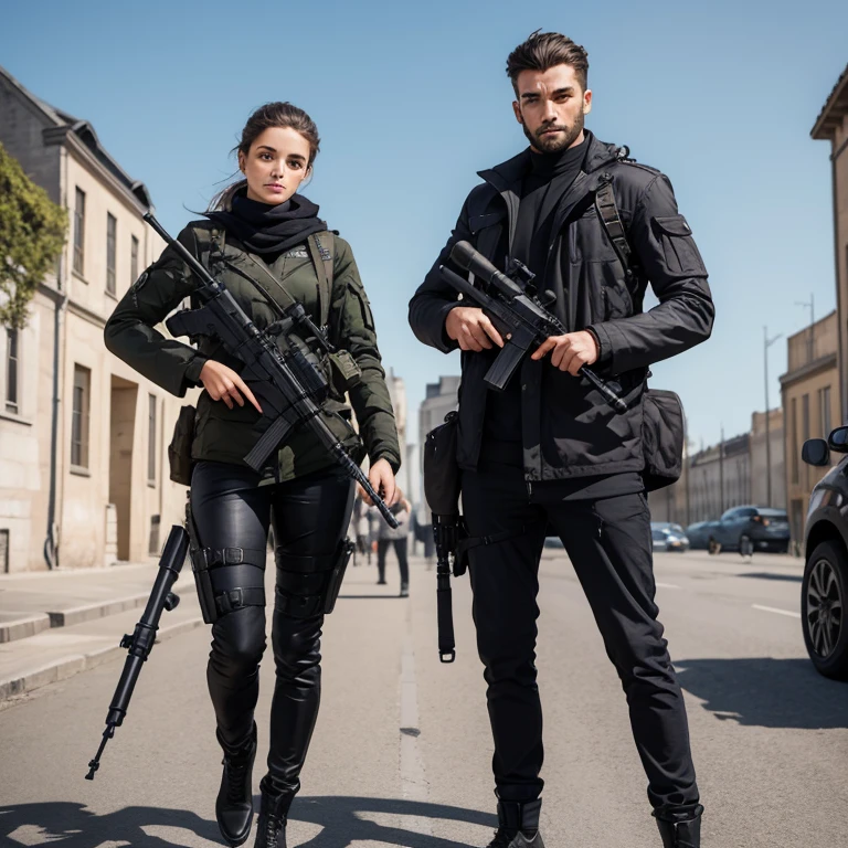 Crée une image de deux personnes un masculin et l’autre féminin qui porte des vêtements futuristes. L’homme a un bazooka et la femme un sniper.