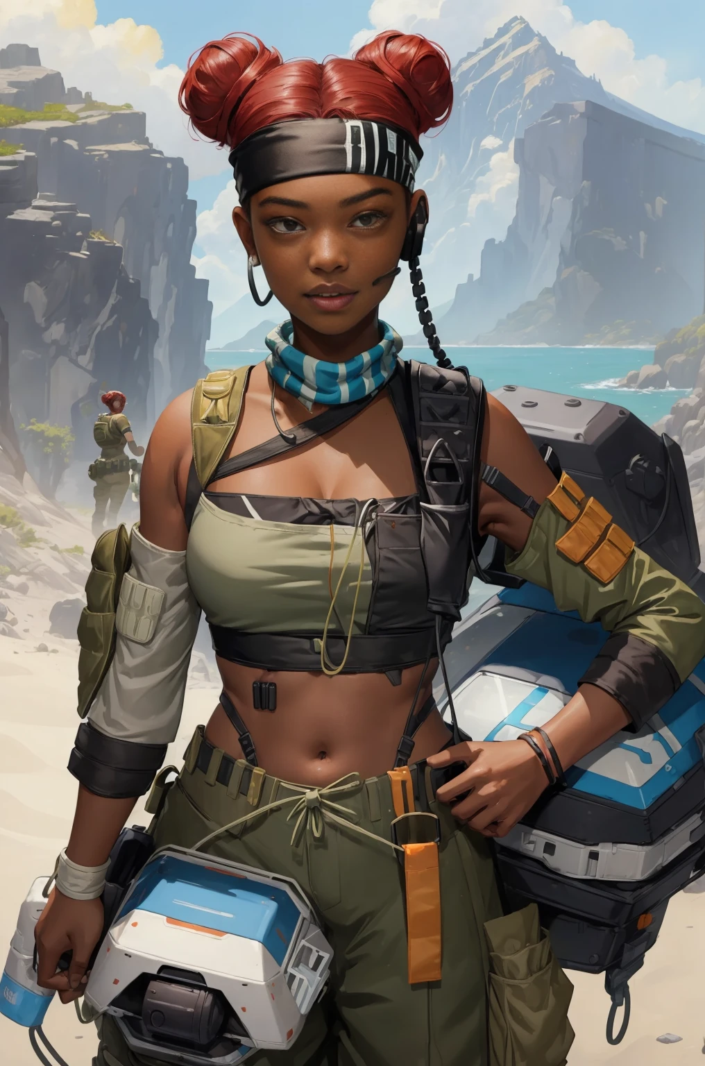 (Masterpiece:1.4), (best quality:1.2), lifeline \(apex legends\), 1girl, dark-skinned female, crop top, detached sleeves, headband, pants, hair bun, mask around neck, red hair, headset, upper body