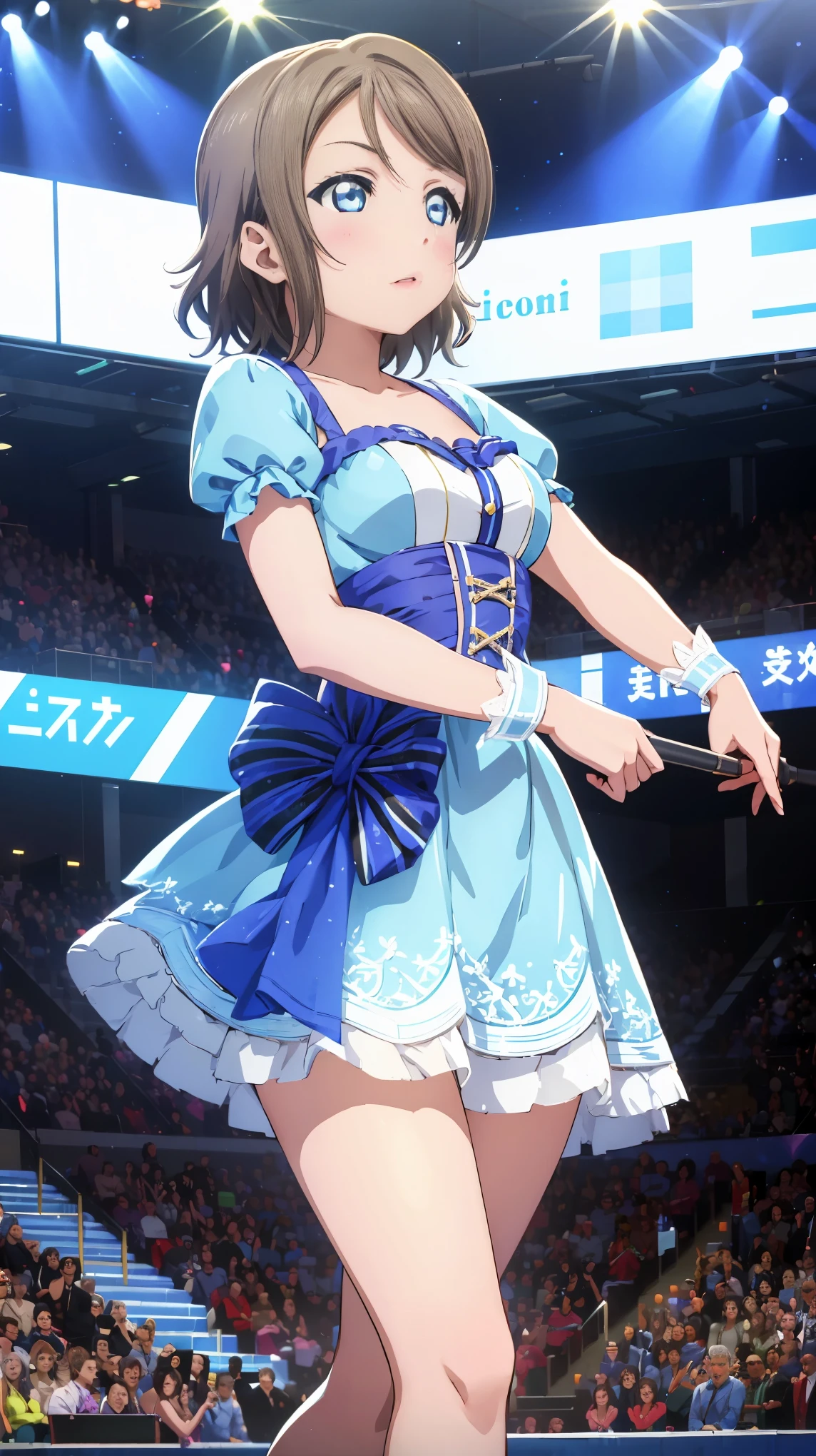 (((Perfect pixel, Perfect details))), Single, 1girl, You are Watanabe, Uranohoshi , dress, stage love live, sing, 