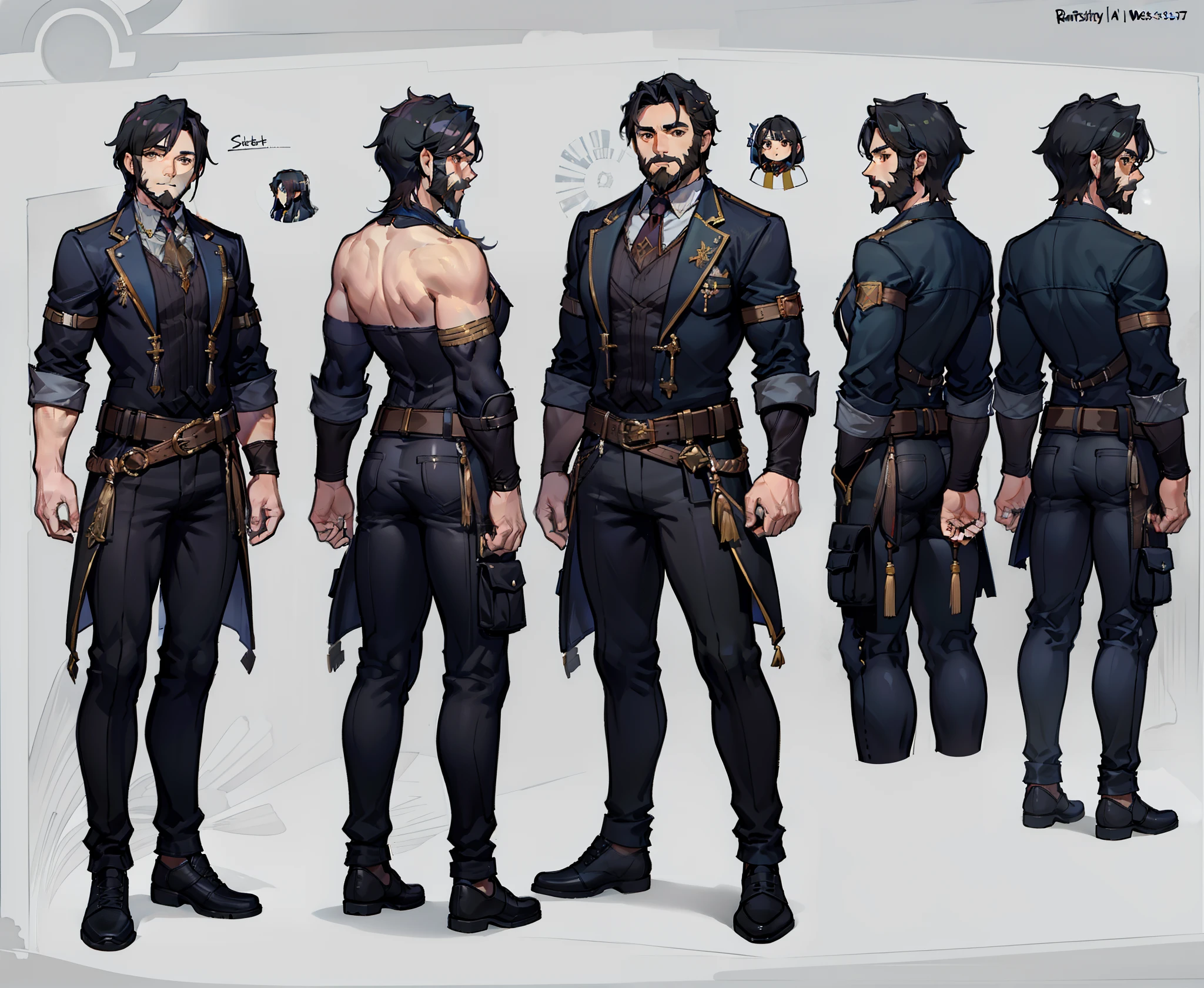 1man, matching outfits, (fantasy character sheet, front, back, side, rear), human, stout, weathered face, Black hair, thick beard. Deep-set brown eyes, wise and resilient expression. Muscular build, compact height. Fantasy outfit, (masterpiece:1.2), (best quality:1.3).