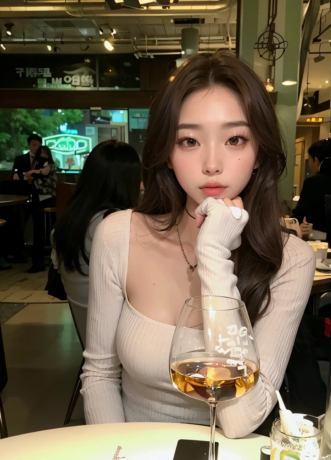 araffe woman sitting at a table with a glass of wine, ulzzang, gorgeous young korean woman, beautiful south korean woman, she holds a glass of wine, instagram model, heonhwa choe, 19-year-old girl, beautiful young korean woman, jaeyeon nam, korean girl, taejune kim, smooth white tight clothes suit
