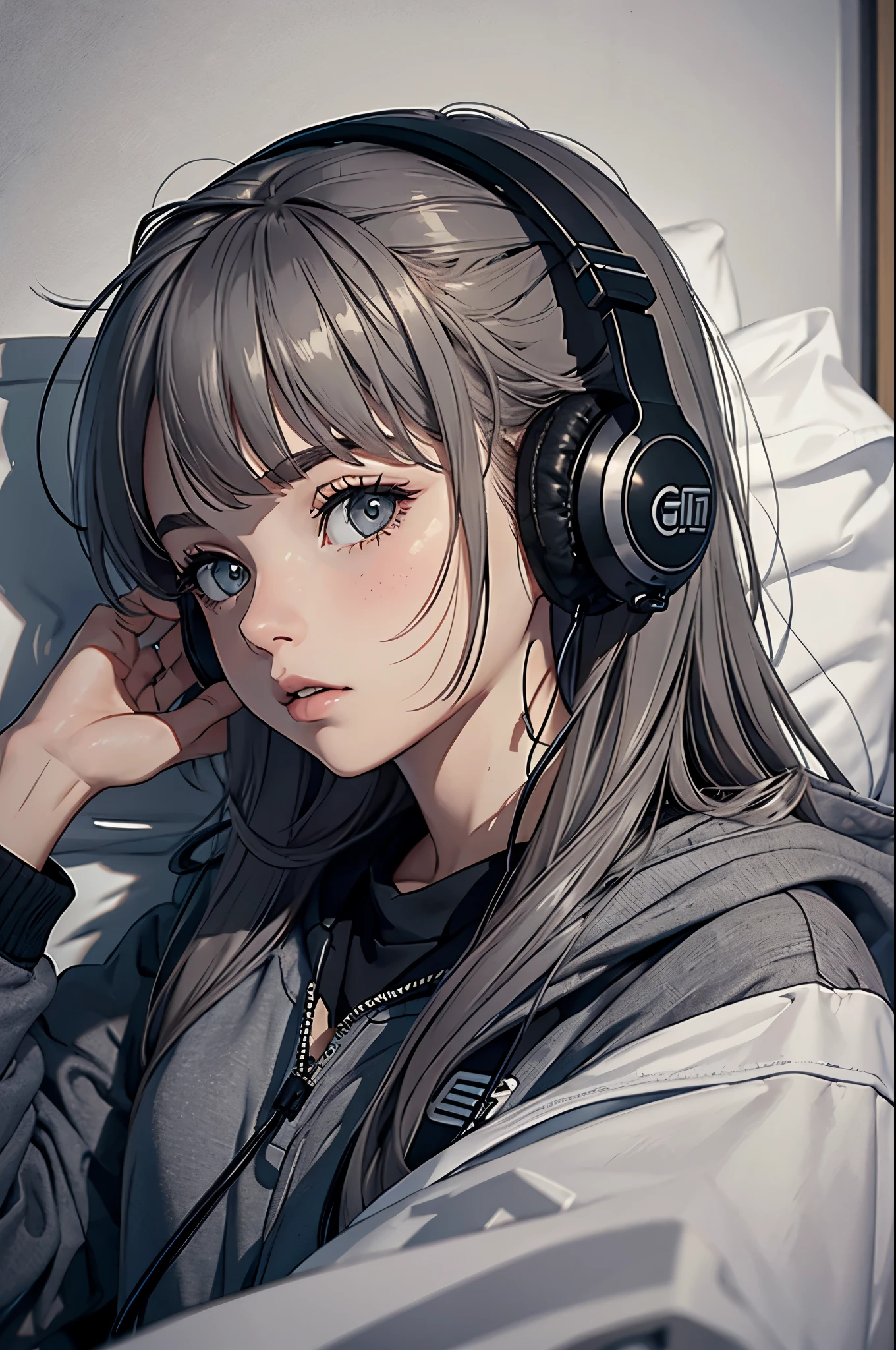 Girl in headphones, in gray and bed tones