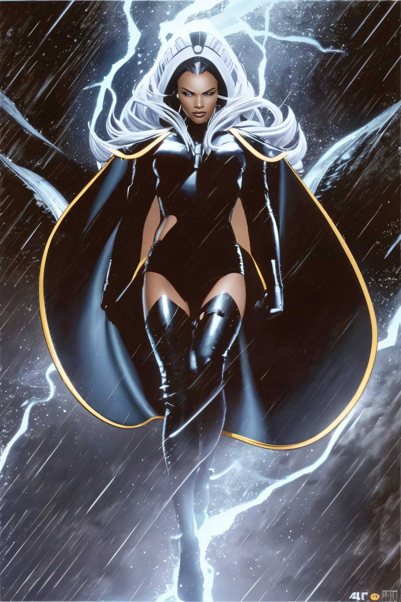 A powerful Storm from X-Men standing in a full body shot.
(best quality,4k,8k,highres,masterpiece:1.2),ultra-detailed,(realistic,photorealistic,photo-realistic:1.37), HDR, UHD, studio lighting, ultra-fine painting, sharp focus, physically-based rendering, extreme detail description, professional, vivid colors, bokeh, portraits style, dark and stormy color palette, dramatic lighting.