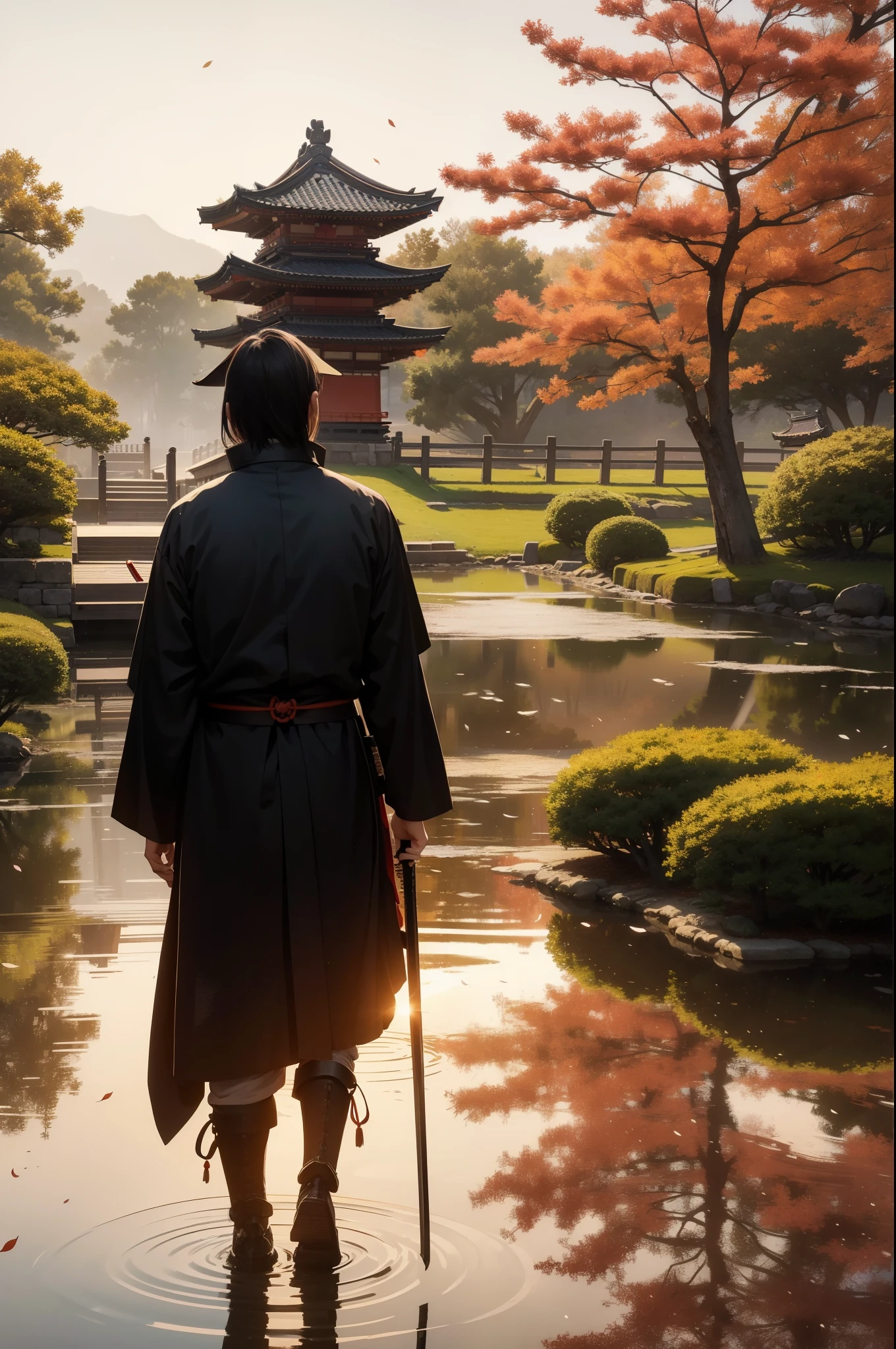 masterpiece, top quality, 16K UHD,
wandering samurai,
autumn leaves falling,
golden temple grounds,
tranquil Japanese garden,
serene pond reflecting cherry blossoms,
(samurai armor: gold and red),
lonely figure,
sword slung over shoulder,
grey sky,
moody atmosphere,
confident expression,
pensive moment of reflection --auto --s2
masterpiece, high res, 1 samurai,
wandering path,
dusk,
empty countryside,
lonely samurai,
silhouetted against setting sun,
w