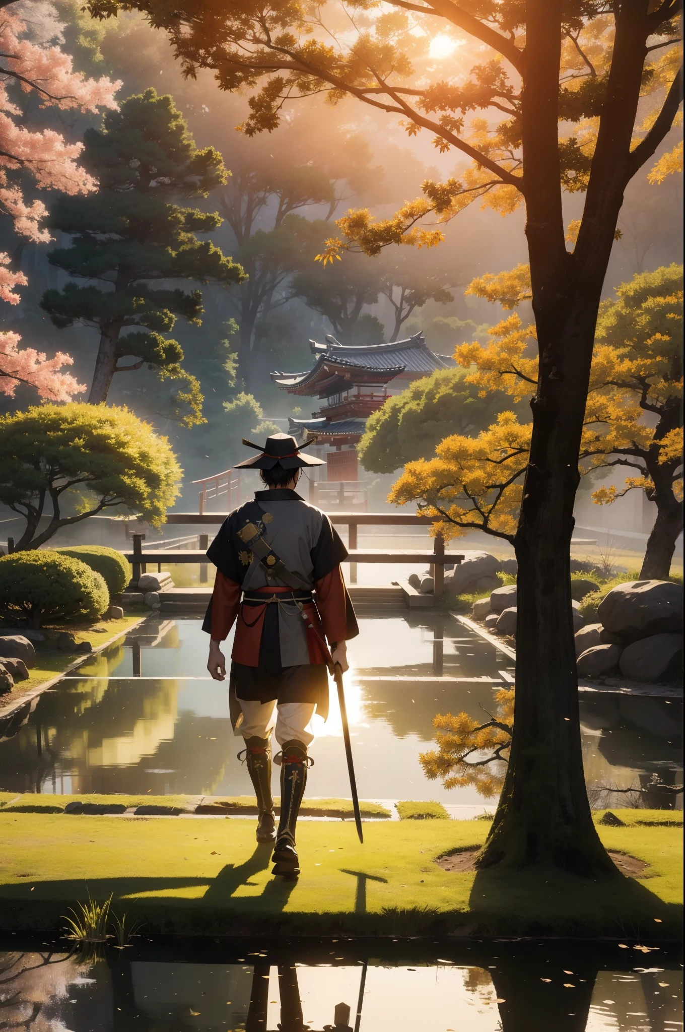 masterpiece, top quality, 16K UHD,
wandering samurai,
autumn leaves falling,
golden temple grounds,
tranquil Japanese garden,
serene pond reflecting cherry blossoms,
(samurai armor: gold and red),
lonely figure,
sword slung over shoulder,
grey sky,
moody atmosphere,
confident expression,
pensive moment of reflection --auto --s2
masterpiece, high res, 1 samurai,
wandering path,
dusk,
empty countryside,
lonely samurai,
silhouetted against setting sun,
w