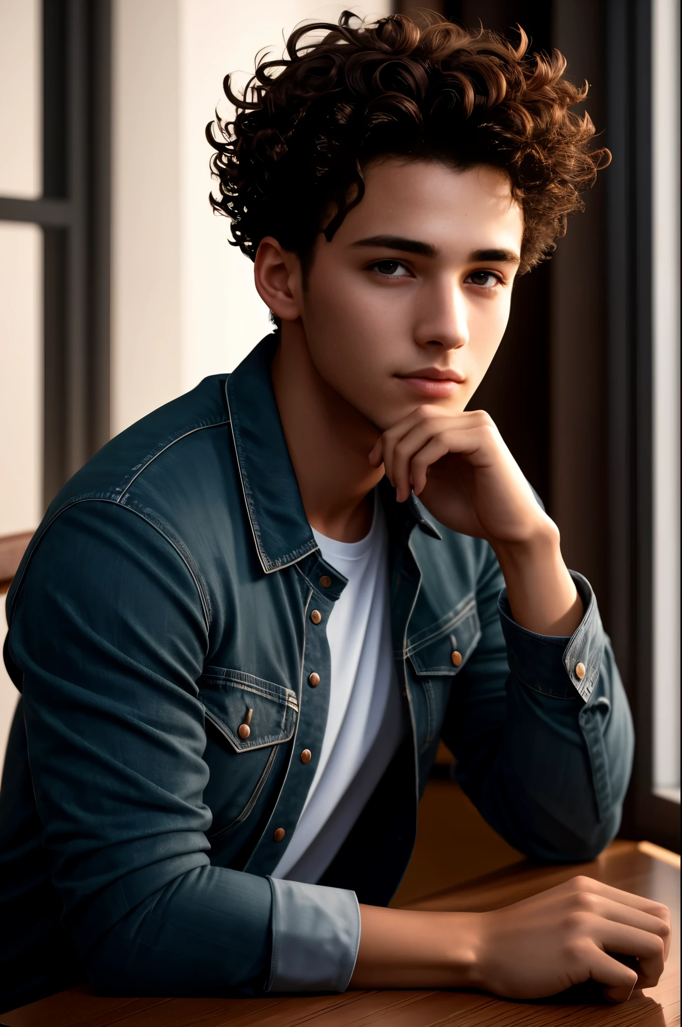 Photo of a 20-year-old European man, intelligent, (Short curly brown hair), ((Portrait)), ((Detailed face:1.2)), ((detailed facial features)), sharp features, concentrated expression, sitting at a table, (Warm color scheme), dimly lit, Concept art style, (masutepiece) (perfectly proportions) (photos realistic) (Best Quality) (Detailed) photographed in a Canon EOS R, 35mm Lens, F/1.8, nffsw, (8K) (Wallpaper) ( Cinematic lighting) (Concept art lighting) (high contrast) Game design, From the