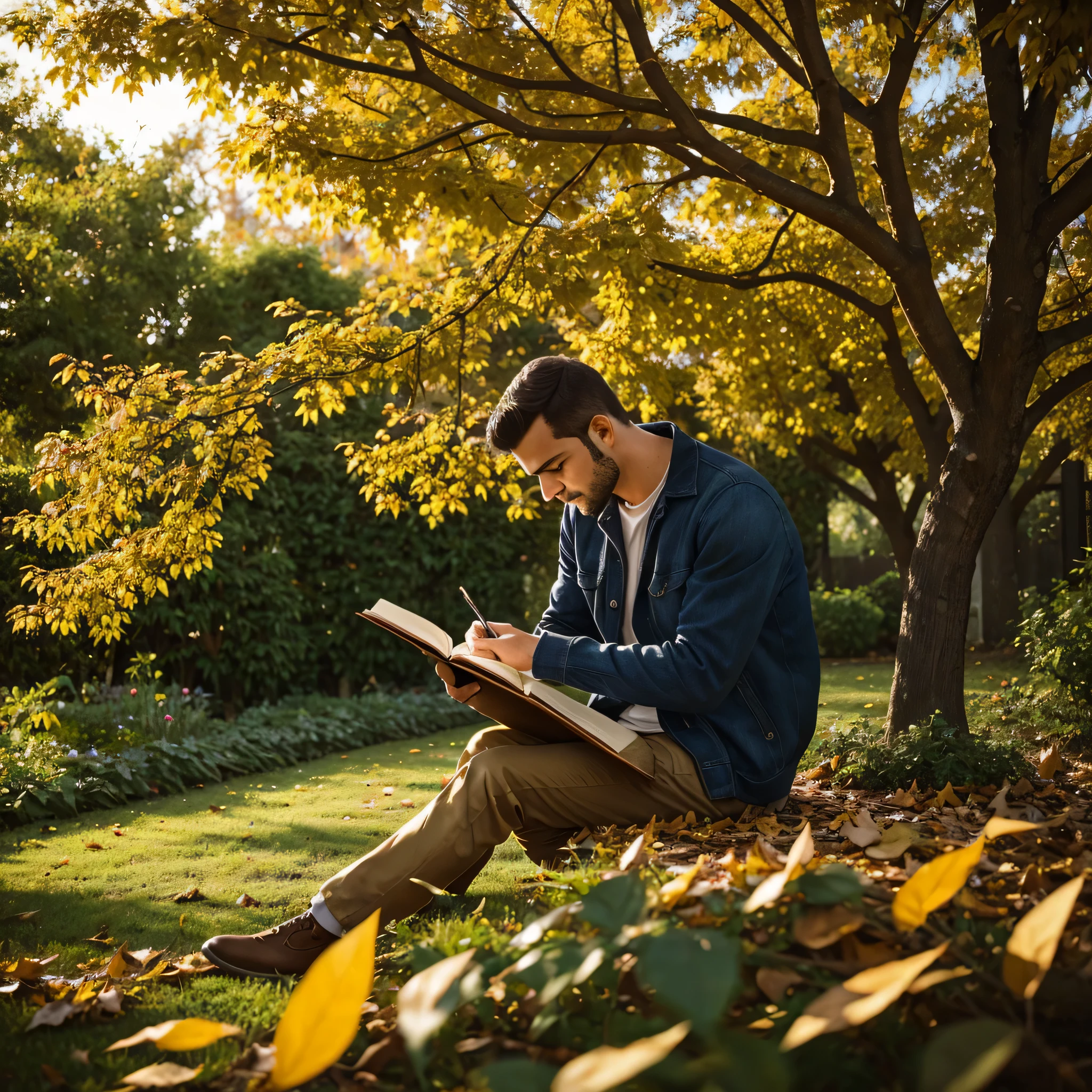 a man is depressed and is sitting in a garden under a tree whose leaves are in golden colour and he is writting something on his notebook and that tree is shedding its leaves on him