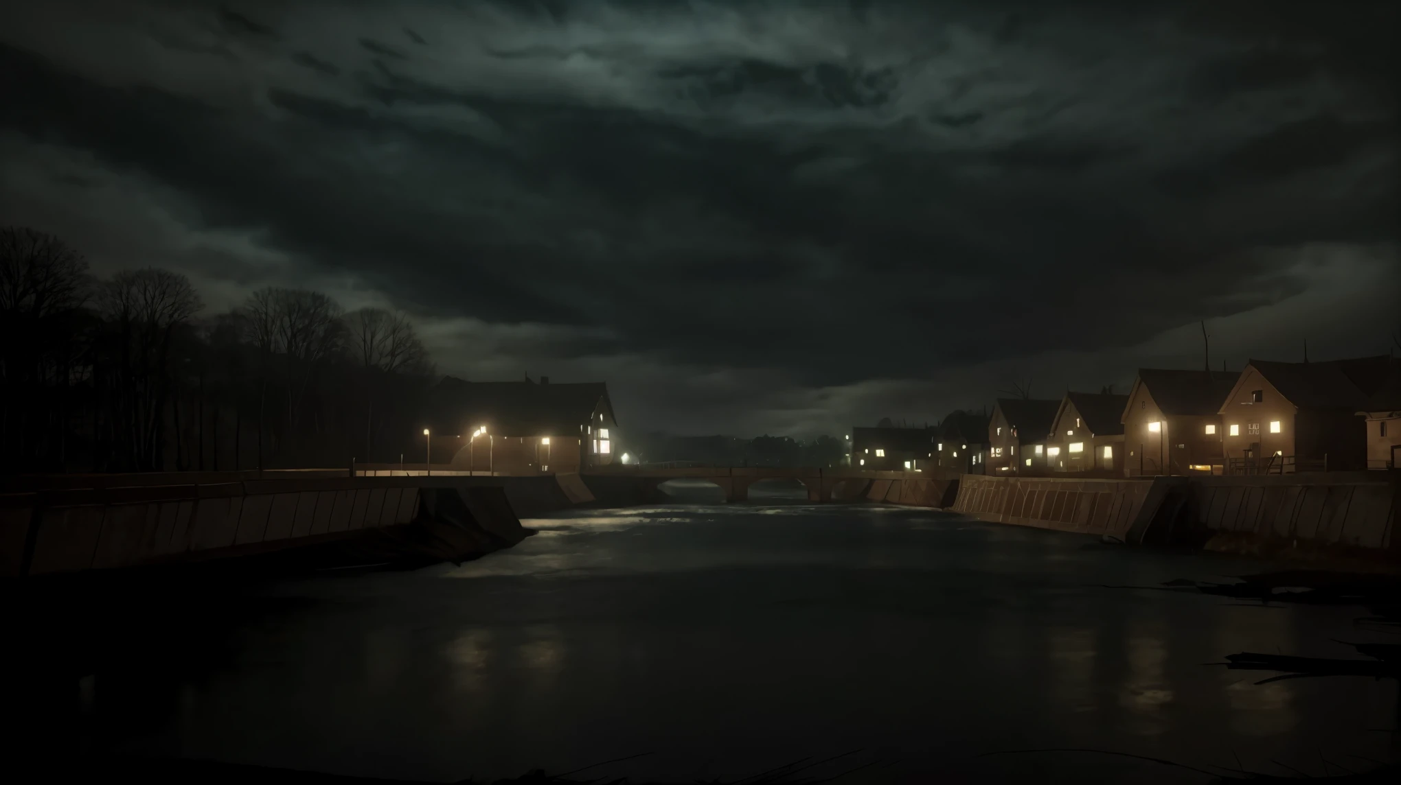 a haunted painting of a small bridge over a river in a village, countryside landscape, apocalypse, depressive scenery, dark mood, sinister background art, scary sky, detailed scenery —width 672, ross tran. scenic background, horror scenery, scenery artwork, painted in anime painter studio, landscape wallpaper, intricate scene, concept art