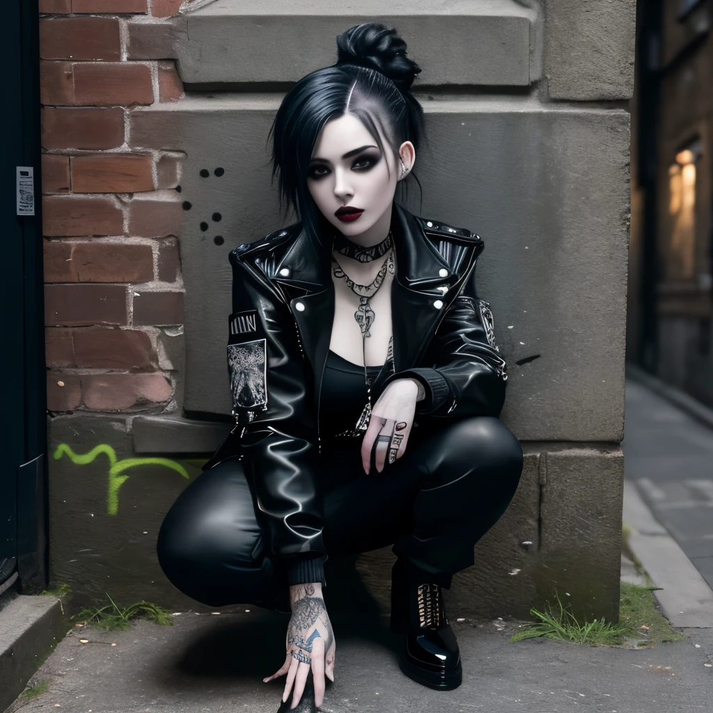 Masterpiece, absurdres,award winning photo, extremely detailed, amazing, fine detail, extremely detailed eyes and face,goth woman, woman crouching in an alleyway, punk clothing, goth hair, pale skin, graffiti, tattoos, black lips, jacket, pants