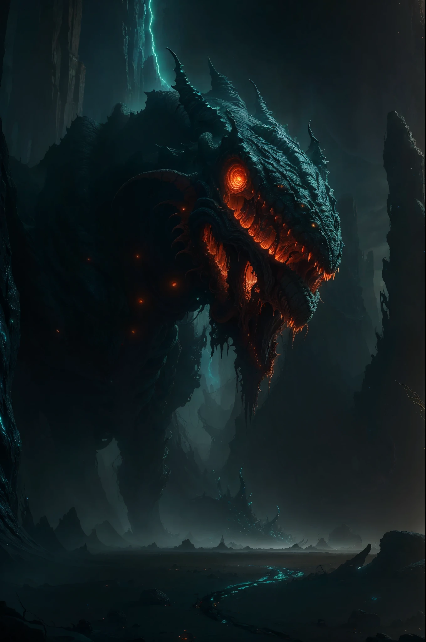 ((Movie CG, High Detail)), ((Best quality)), 8K, Ultra-detailed, Volumetric lighting, 4K rendering.
A terrifying image emerges, depicting a colossal brute parasite. Its monstrous body, rendered with the utmost intricacy, is covered in scaly, writhing tendrils that pulsate with an eerie, bioluminescent glow. Its towering form casts elongated, twisted shadows over the barren landscape, as if it were a grotesque, moving mountain.
The parasite's grotesque head looms above, its unblinking, thousand-eyed