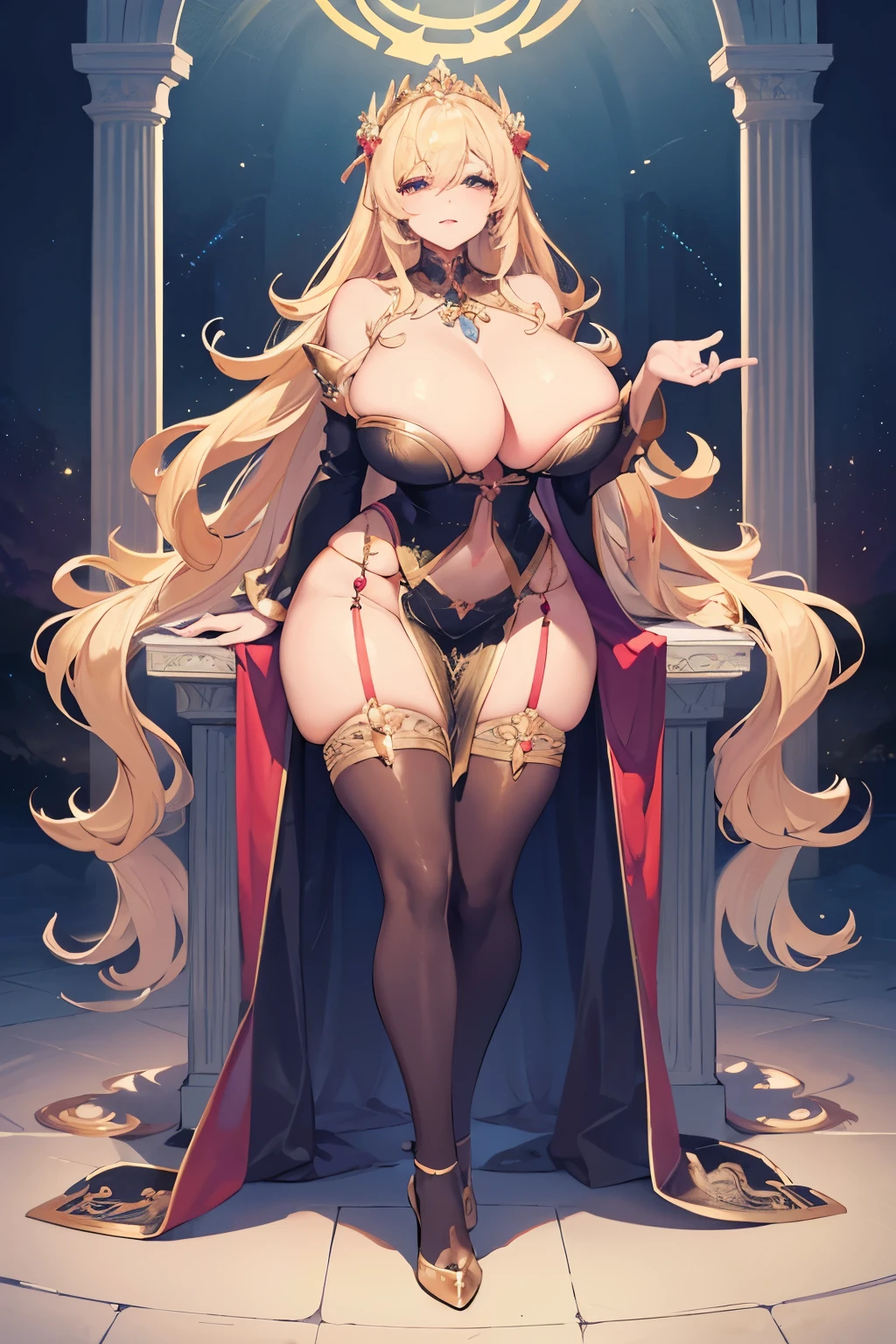 masterpiece, best quality, finely detailed, 1 goddess, blonde hair, long and flowing, ultra-detailed, voluptuous figure with gigantic breasts and ample cleavage, small waist, thigh-high stockings, elegant and sophisticated attire, sensual and alluring, high resolution, extremely delicate and beautiful, captured in a breathtaking 4K or 8K image, bringing out the goddess's divine features and radiant beauty.