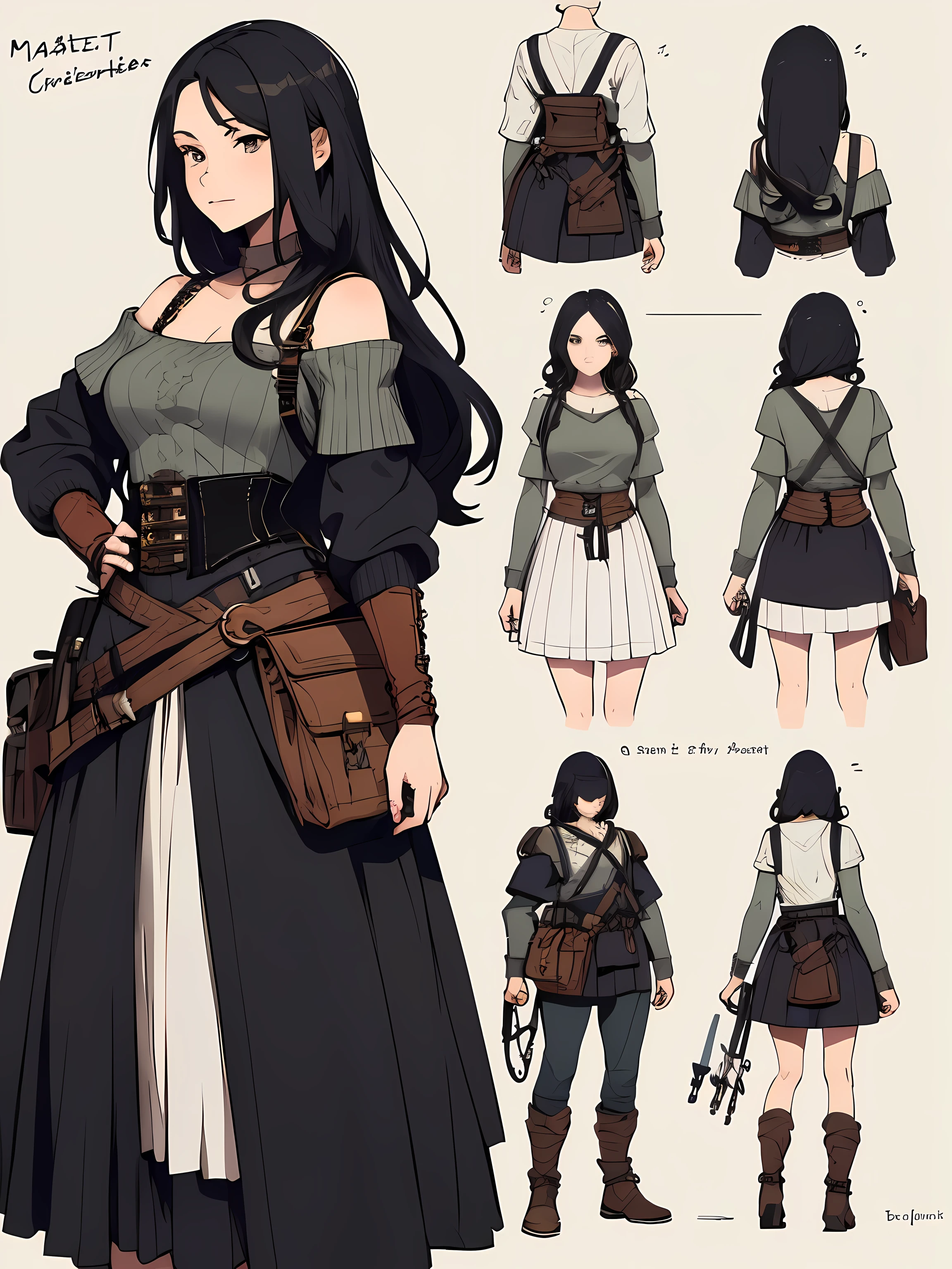 ((masterpiece)),(((best quality))),(character design sheet, same character, front, side, back), mature woman, long black hair, bows, lace, off the shoulder white cable-knit sweater with tank top underneath, long colorful skirt, long skirt, satchels, pouches on waist, harness, tool belt, tools, armor, armour, mature, corset, cable knit