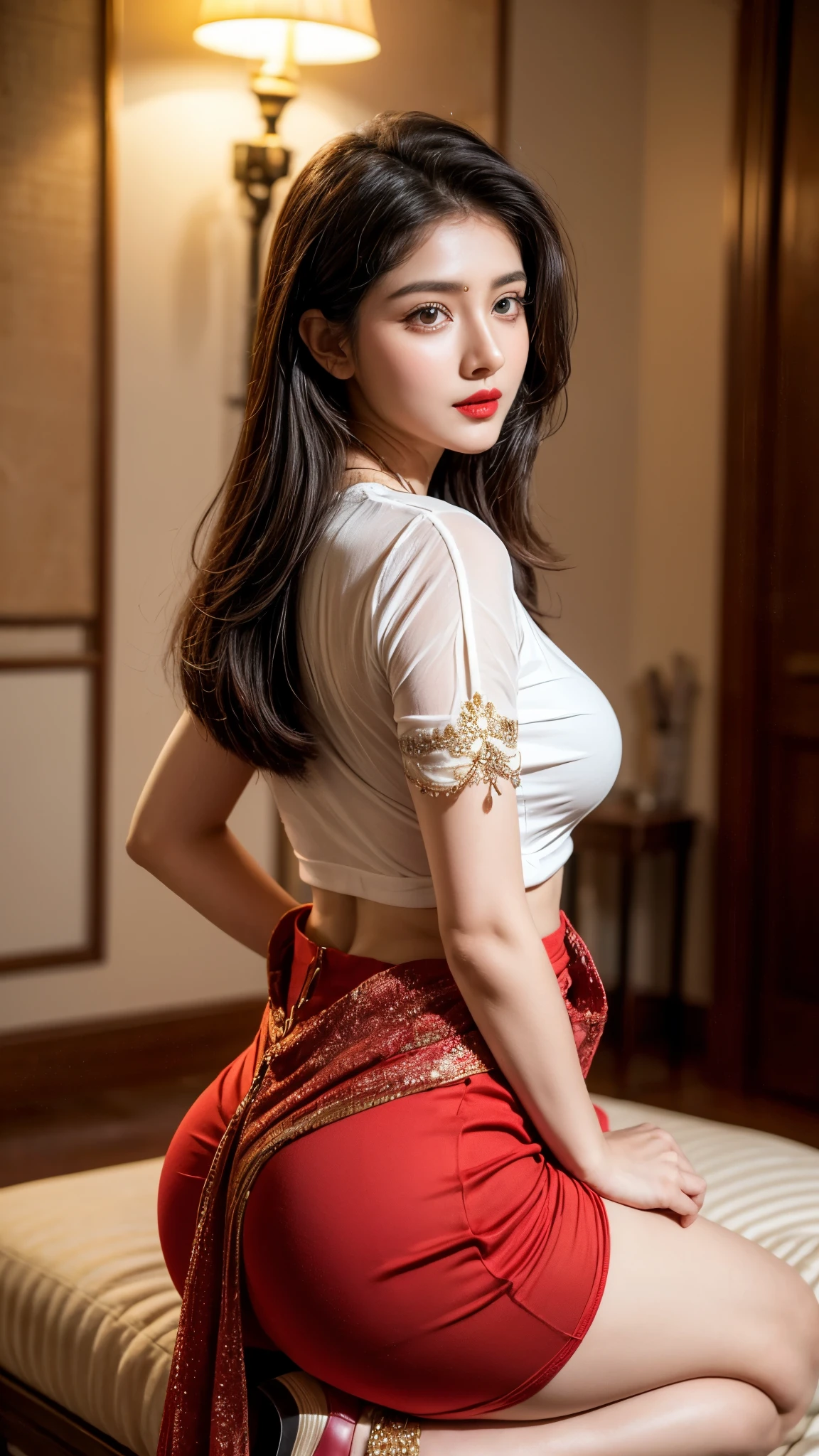 (full body shot), (Masterpiece), 1girl, solo girl, 18 year old girl, hyperrealistic, hyperdetailed, (wide angle pose standing position:0.5), (inspired by Abhirasha chubby), sharpen, (detailed face, detailed eyes, detailed lips, red lips), beautiful face, 16k, FHD, raw photo, cute face mesh, pretty face mesh, girl in luxury office, beautiful hair style, ((fancy blouse, fancy skirt, realistic clothes, flared skirt, princess looking)), intricate, extremely detailed, scattering surface, ultra realistic textures, realistic face, red lip, glow face, perfect figure, beautiful curved body, fit body, (fancy high heel), tied hair, fancy hair ornament, (Desi girl), a desi girl with a chubby face, She possesses a natural beauty, with smooth and radiant, ((ultra realistic face, ultra detailed face, realistic red lips, ultra realistic eyes)), beautiful Indian clothes, looking at viewers, straight looks, Indian outfits, Indian traditional,