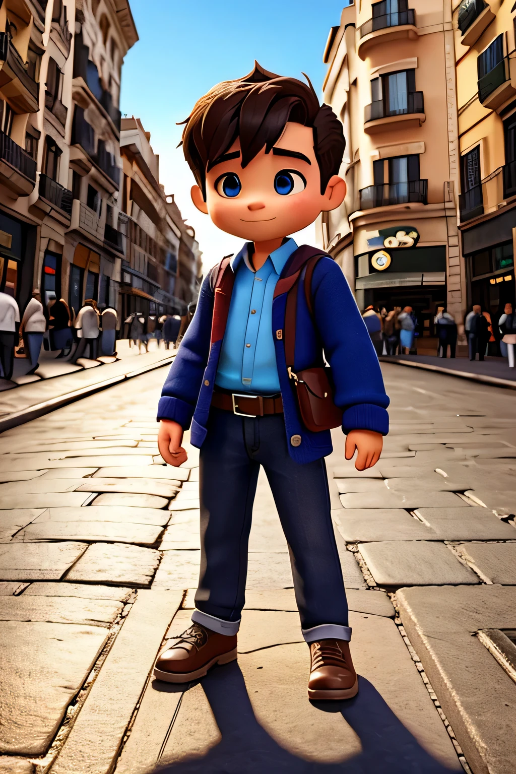 The boy is in Madrid walking along the Gran Via