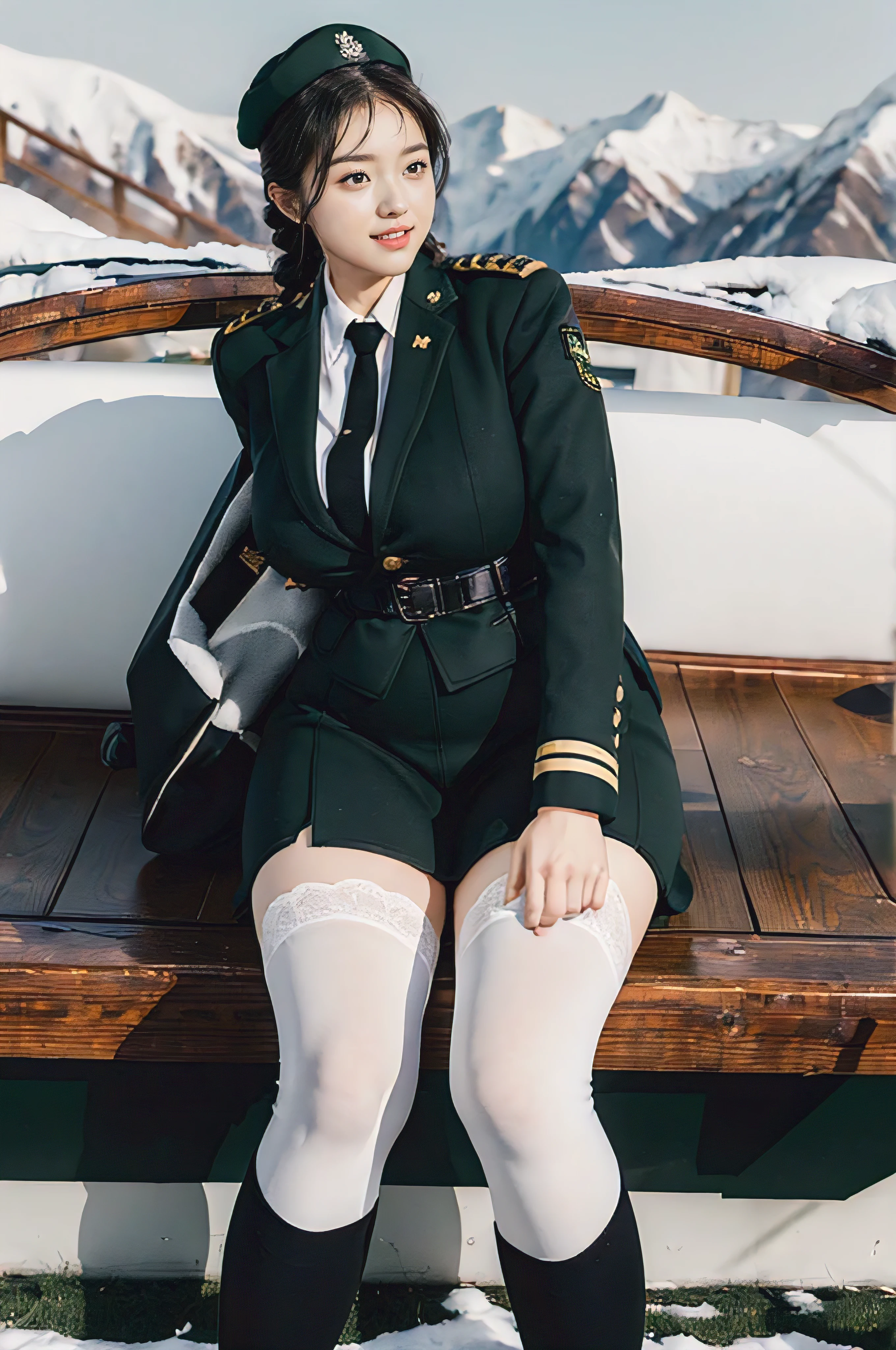 Typically detailed CG Unity 8K wallpapers，（masterpiece），（best quality），（Super detailed），（Super real photos），（Best character details：1.36），Nikon D750F / 1.4 55mm，original photo，professional lighting， Physically based rendering, 1 plump girl, female soldier，(Dark green military uniform，(Dark green military uniform)，business suit，Fabric texture military uniform, Perfect military calm)，(Wear a plain white shirt under the jacket:1.25)，(black tie)，((Black ,))，bare legs，plump thigh military cap，Large wavy curls，Do not tie your hair，Short hair details，Twist braids)，golden ratio,[:(Have a delicate face:1.2):0.2]:，pure love face_v1，thick bushy eyebrows,(huge breas),(huge ass),(plump ghs:1.45),(wide hips:1.55),((Place your finger to your mouth):1.4)，close-up，((Smile full of confidence， Shy，on snowy mountains):1.35)，(((Close-up of panties),Close-hest,face close-up,Front view，))，(sunset sky，gentlesunlight，sunshine on face，(light shining on face)，blue sky，sunny smile，brilliance)，white teeth，(look at me)，(((Tik, bbw sauce, Thick and tt, wide hips, Buttocks swell crazily,🐎🍑 your legs apart:1.2),attractive pose,sexy pose,A woman in uniform sitsss-legged on a platform, ) )，azure lane style),Tutu database,white stockings,garter belt,spread legs,black pantyhose