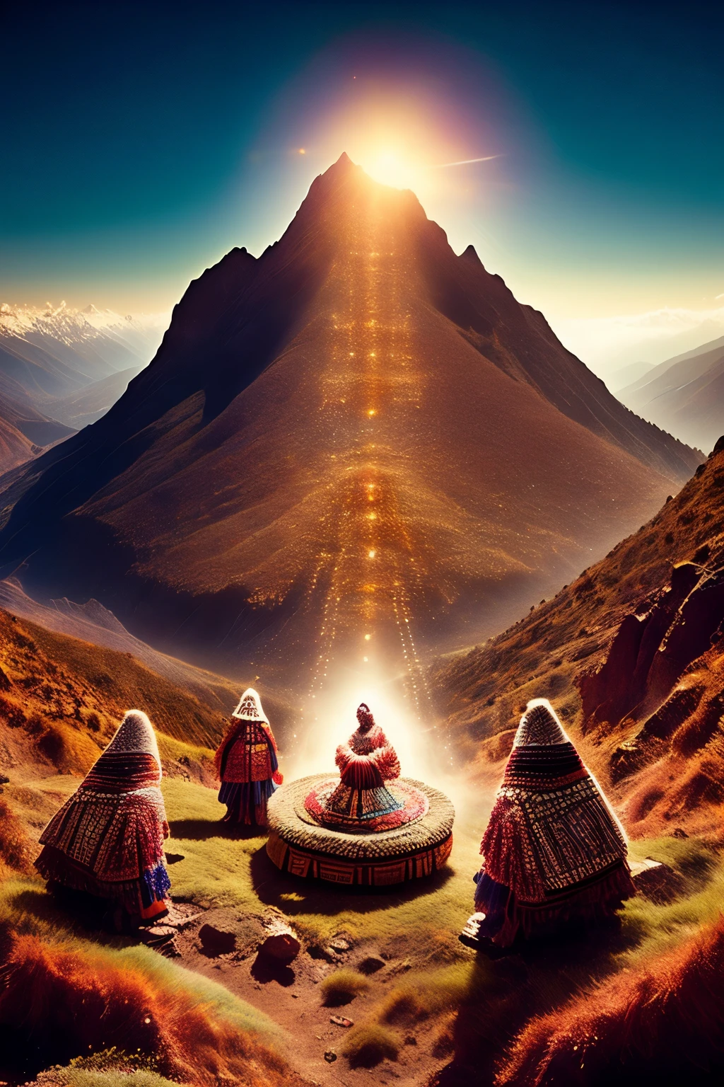 Apus, or awake mountains, are majestically depicted in this cultural scene, where ancient looms skillfully mix with the rugged terrain. At the heart of it all, a Peruvian woman, named Mamacha, is awake and alive, clad in traditional attire. Overlooking the scene, the dawn of a new day breaks, revealing the vibrant hues of a nativity scene presided over by the Apus. Delicate Quechua and Shipibo fabrics dance on the looms, colores vivos, telares de colores, shipibos estilo