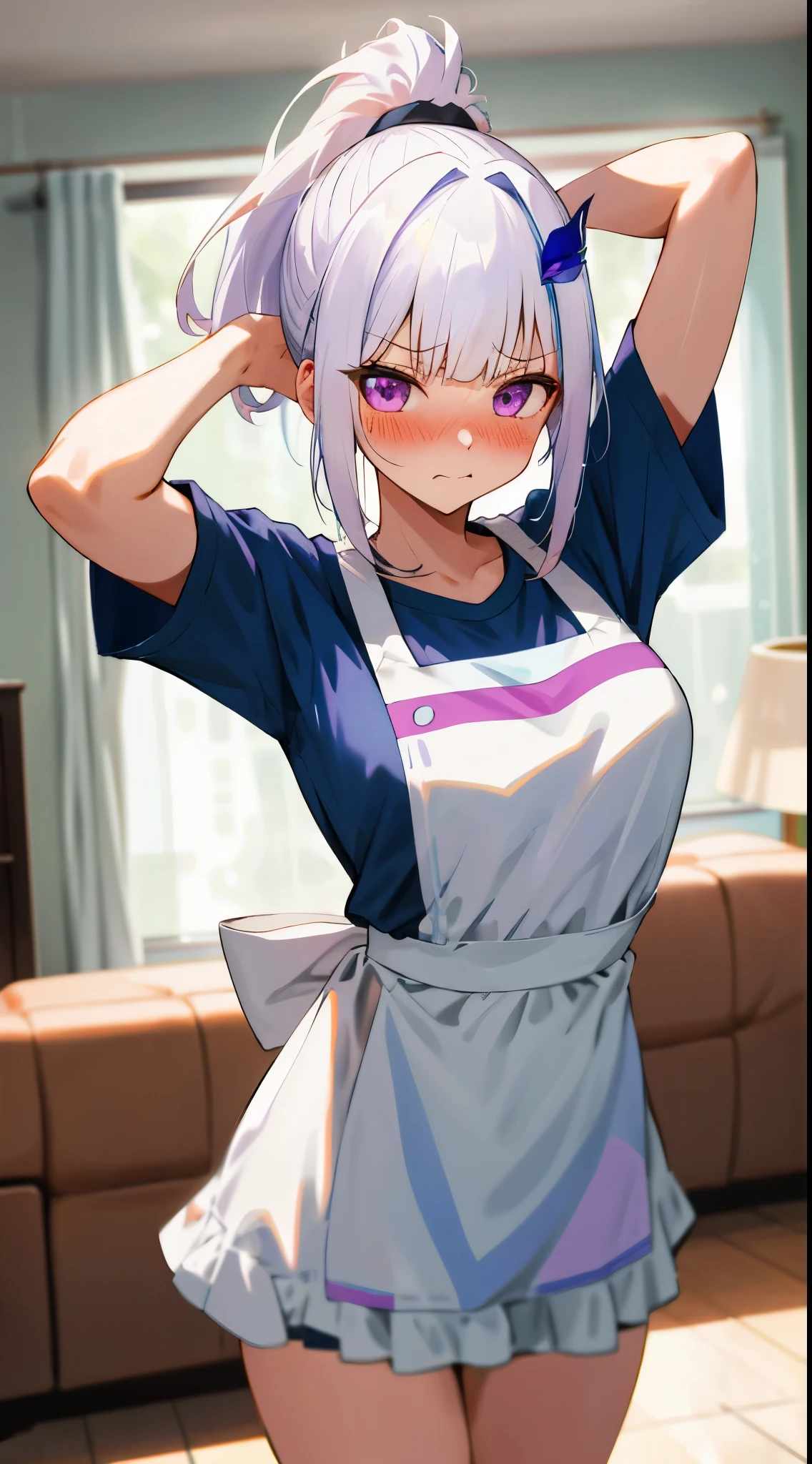 One girl with high twintail hair, bangs, white hair, blue inner hair:1.25) , purple eyes, blushing, embarrassed, serious expression, indoor, kitchen, cooking, maid dress, thigh, apron, mid-chest, day atmosphere, hair ornament, medium breasts, upper body, focus, blurry background