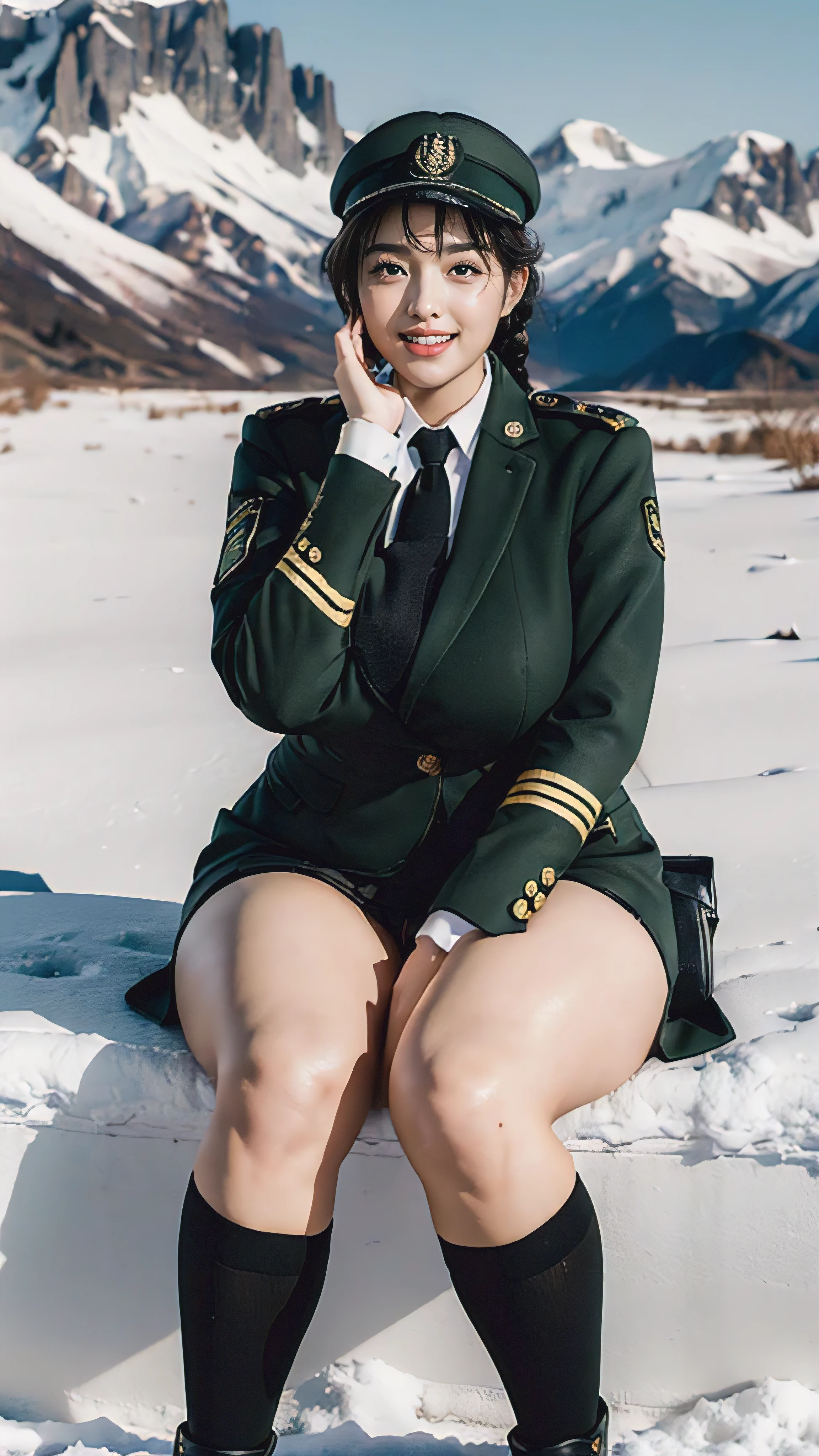Typically detailed CG Unity 8K wallpapers，（masterpiece），（best quality），（Super detailed），（Super real photos），（Best character details：1.36），Nikon D750F / 1.4 55mm，original photo，professional lighting， Physically based rendering, 1 plump girl, female soldier，(Dark green military uniform，(Dark green military uniform)，business suit，Fabric texture military uniform, Perfect military calm)，(Wear a plain white shirt under the jacket:1.25)，(black tie)，((Black panty,))，bare legs，plump thigh military cap，Large wavy curls，Do not tie your hair，Short hair details，Twist braids)，golden ratio,[:(Have a delicate face:1.2):0.2]:，pure love face_v1，thick bushy eyebrows,(huge breasts:1.55),(huge ass),(plump thighs:1.45),(wide hips:1.55),((Place your finger to your mouth):1.4)，close-up，((Smile full of confidence， Shy，on snowy mountains):1.35)，(((Close-up of panties),Close-up of chest,face close-up,Front view，))，(sunset sky，gentlesunlight，sunshine on face，(light shining on face)，blue sky，sunny smile，brilliance)，white teeth，(look at me)，(((Tik, bbw sauce, Thick and tight, wide hips, Buttocks swell crazily,🐎🍑,(Spread your legs apart:1.2),attractive pose,sexy pose,A woman in uniform sits cross-legged on a platform, ) )，azure lane style),spread legs,black pantyhose