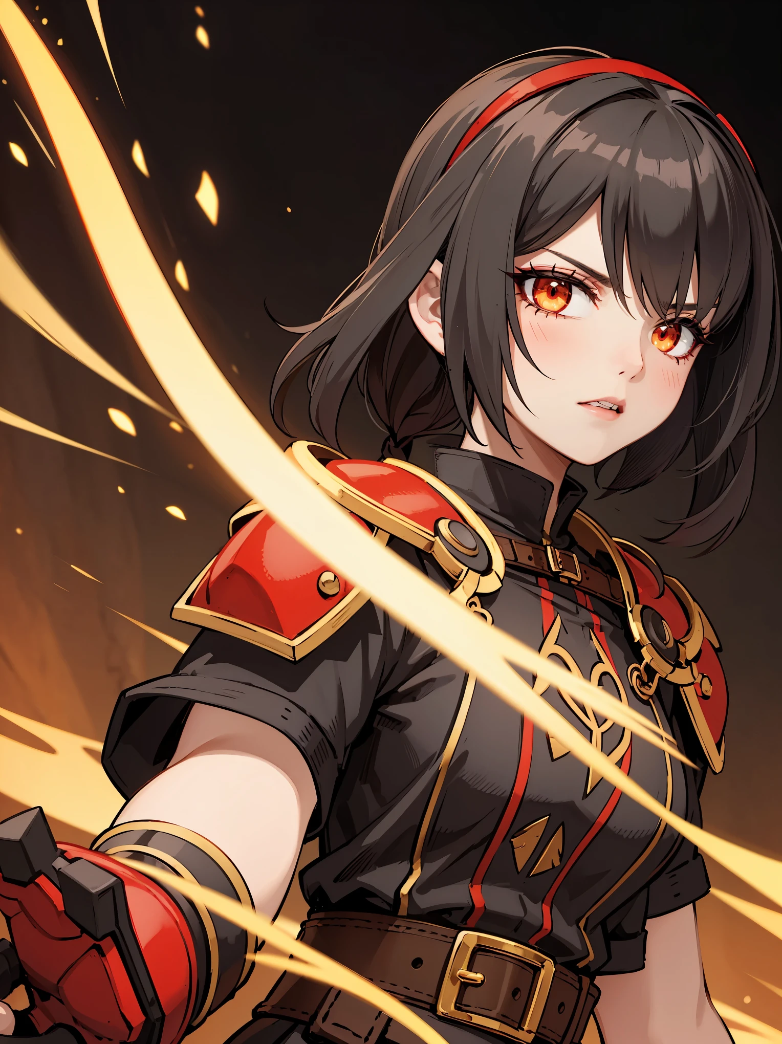 Female warrior, scrap leather armor, large stitching, fluffy collar, belts and straps, black facepaint, frightening, red streaks, yellow triangles, bright and corful streaks, slashes, claw marks, bright colors, black background with red glow, in the style of akihiko yoshida