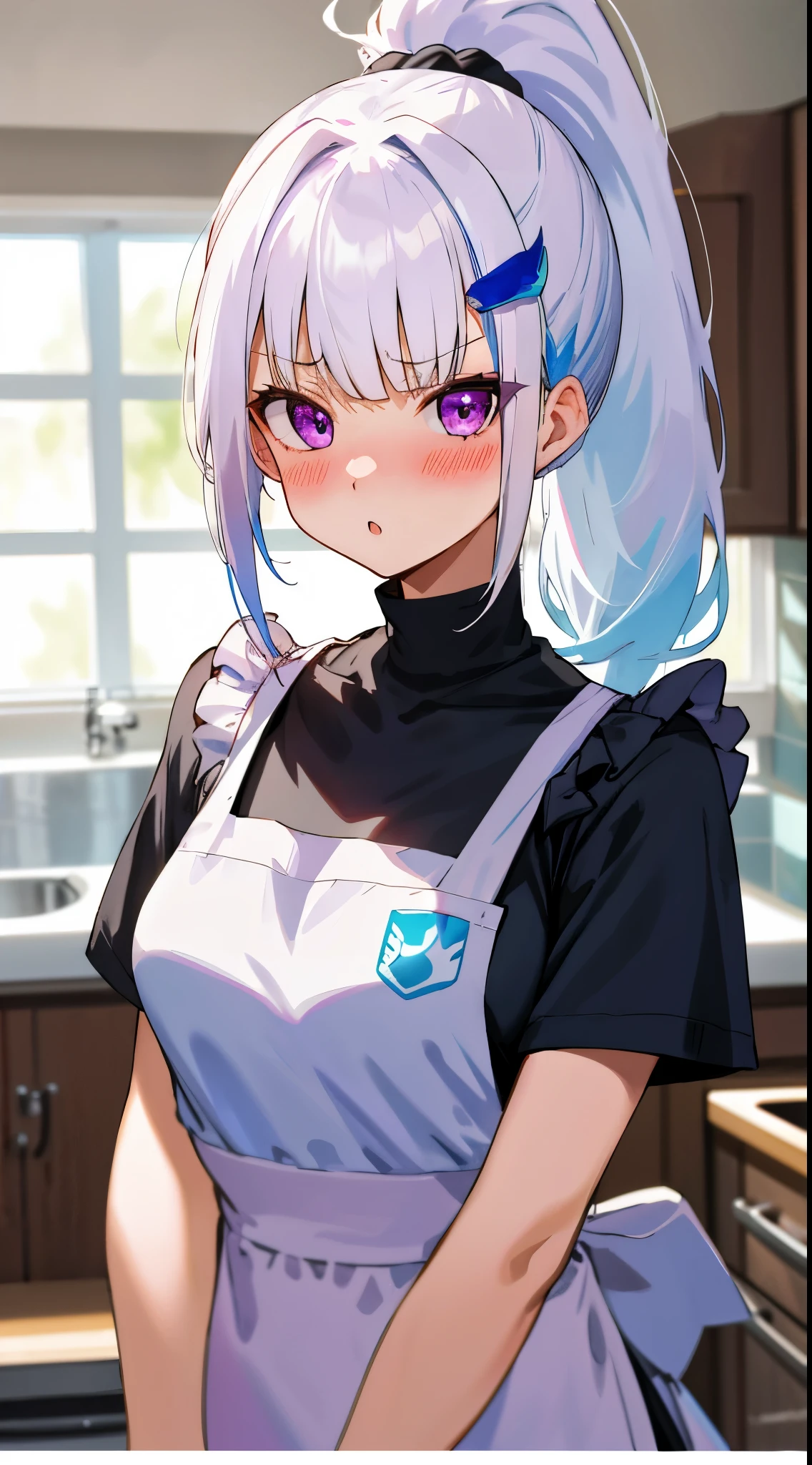 One girl with high ponytail hair, bangs, white hair, blue inner hair:1.25) , purple eyes, looking at viewer, blushing, serious expression, :o, indoor, kitchen, t shirt, apron, mid-chest, day atmosphere, hair ornament, medium breasts, upper body, focus, blurry background