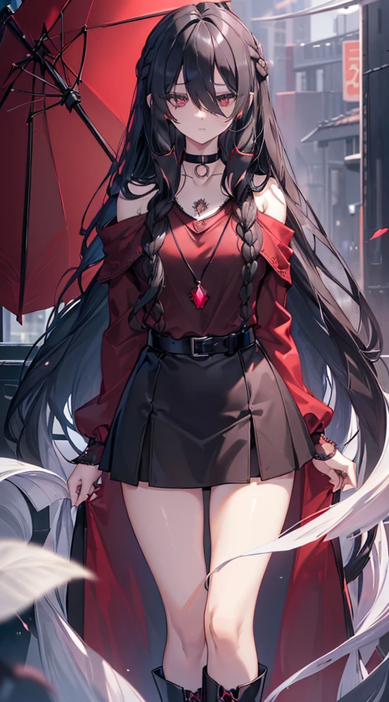 (((((extremely detailed CG unity 8k wallpaper)))), (((ultra-detailed))), (((extremely detailed))), (((best illustration))), best illumination, ((extremely delicate and beautiful)), ((an extremely delicate and beautiful girl)), dark theme, modern, (tokyo (city)), ((girl (solo))), ((finely detailed beautiful eyes and detailed face)), (((black hair))), (((really long hair))), (((hair over right eyes:1.9))), shiny hair, ((red eyes(empty))), beautiful detailed eyes, mature female, 155cm height, kind girl, ((black choker(ruby pendant))), slender, big breast, (((intricate details))), (black and red sweater), (black skirt), (medium black boots), bishoujo, expressionless, standing