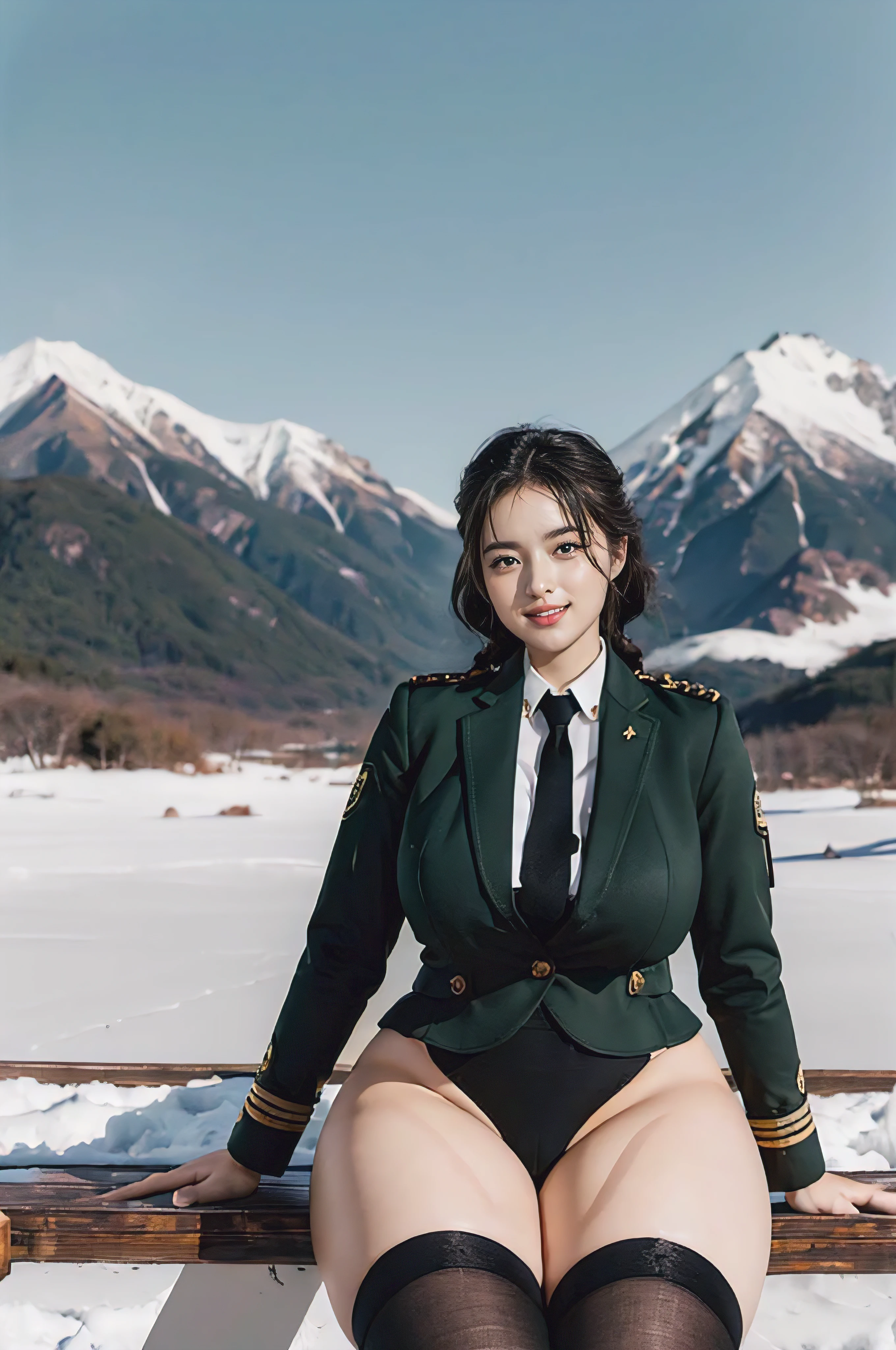 Typically detailed CG Unity 8K wallpapers，（masterpiece），（best quality），（Super detailed），（Super real photos），（Best character details：1.36），Nikon D750F / 1.4 55mm，original photo，professional lighting， Physically based rendering, 1 plump girl, female soldier，(Dark green military uniform，(Dark green military uniform)，business suit，Fabric texture military uniform, Perfect military calm)，(Wear a plain white shirt under the jacket:1.25)，(black tie)，((Black panty,))，bare legs，plump thigh military cap，Large wavy curls，Do not tie your hair，Short hair details，Twist braids)，golden ratio,[:(Have a delicate face:1.2):0.2]:，pure love face_v1，thick bushy eyebrows,(huge breasts:1.55),(huge ass),(plump thighs:1.45),(wide hips:1.55),((Place your finger to your mouth):1.4)，close-up，((Smile full of confidence， Shy，on snowy mountains):1.35)，(((Close-up of panties),Close-up of chest,face close-up,Front view，))，(sunset sky，gentlesunlight，sunshine on face，(light shining on face)，blue sky，sunny smile，brilliance)，white teeth，(look at me)，(((Tik, bbw sauce, Thick and tight, wide hips, Buttocks swell crazily,🐎🍑,(Spread your legs apart:1.2),attractive pose,sexy pose,A woman in uniform sits cross-legged on a platform, ) )，azure lane style),spread legs,black pantyhose