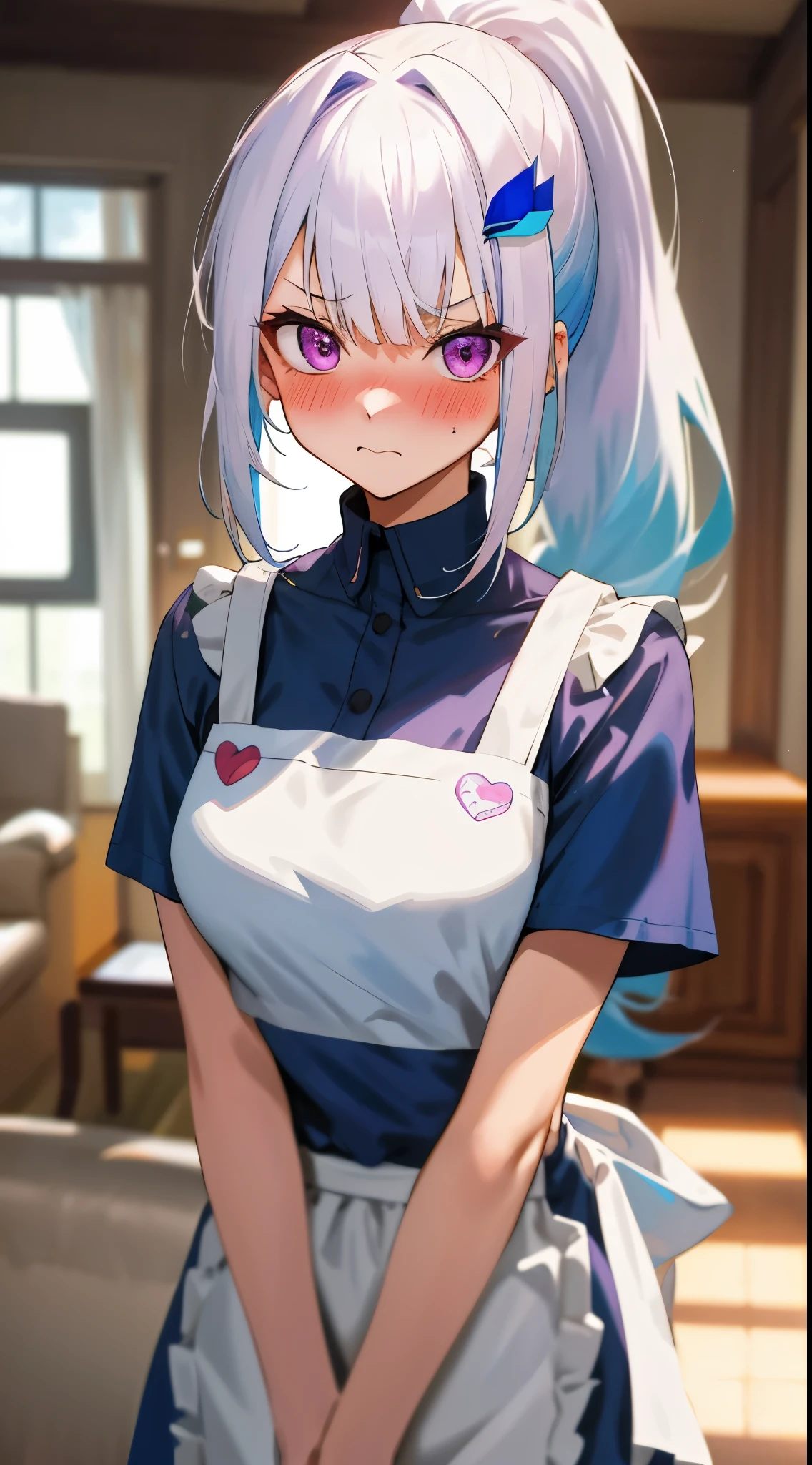 One girl with high ponytail hair, bangs, white hair, blue inner hair:1.25) , purple eyes, looking at viewer, blushing, embarrassed, serious expression, indoor, living room, t shirt, thigh, apron, mid-chest, day atmosphere, hair ornament, medium breasts, upper body, focus, blurry background