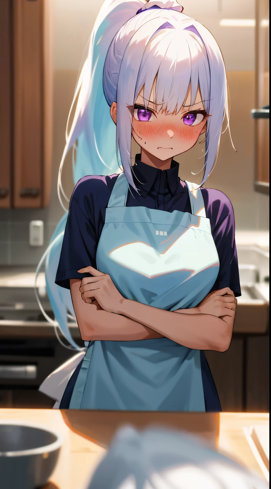 One girl with high ponytail hair, bangs, white hair, blue inner hair:1.25) , purple eyes, blushing, embarrassed, serious expression, indoor, t shirt, thigh, apron, mid-chest, day atmosphere, hair ornament, medium breasts, upper body, focus, blurry background