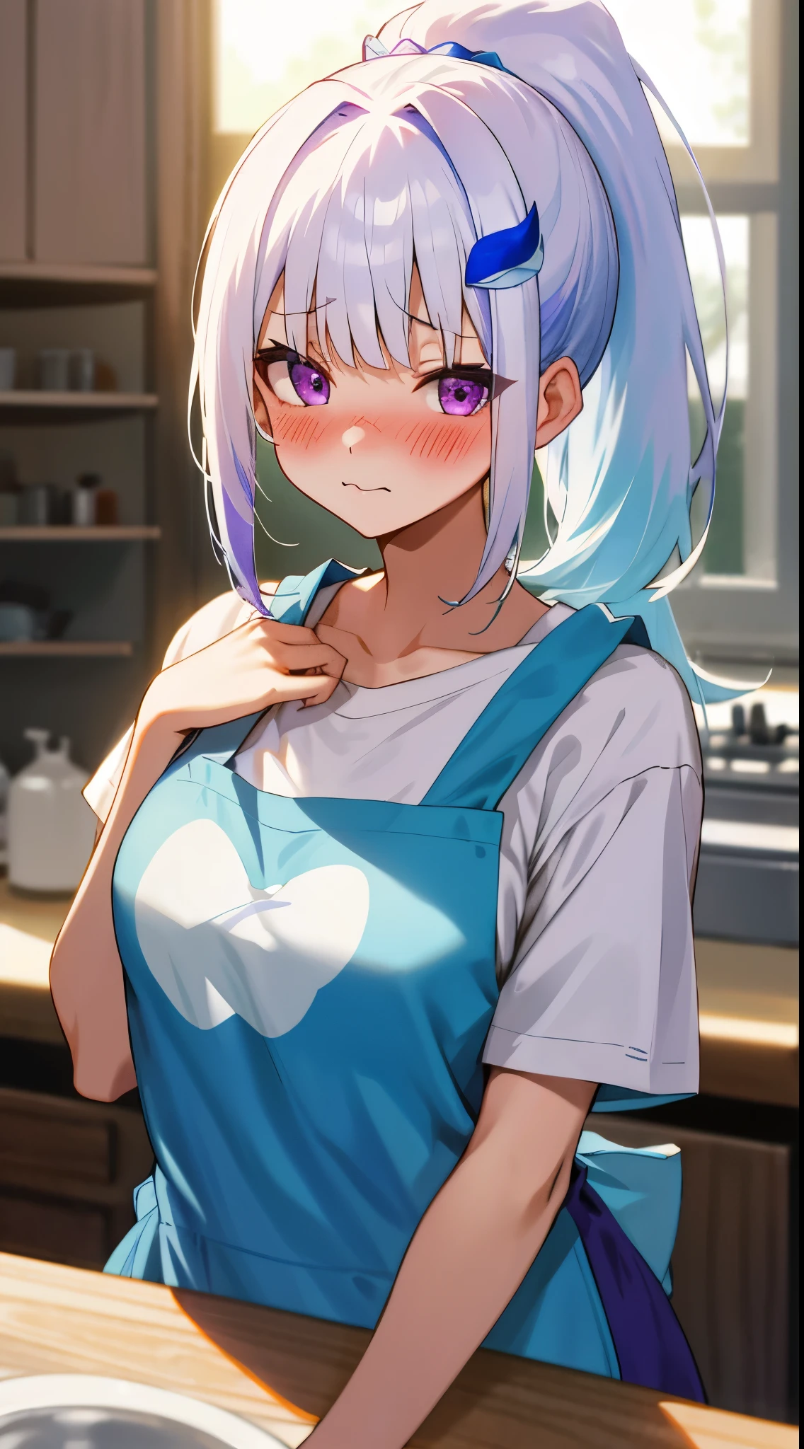 One girl with high ponytail hair, bangs, white hair, blue inner hair:1.25) , purple eyes, looking at viewer, blushing, embarrassed, :3, indoor, kitchen, t shirt, apron, mid-chest, day atmosphere, hair ornament, medium breasts, upper body, focus, blurry background