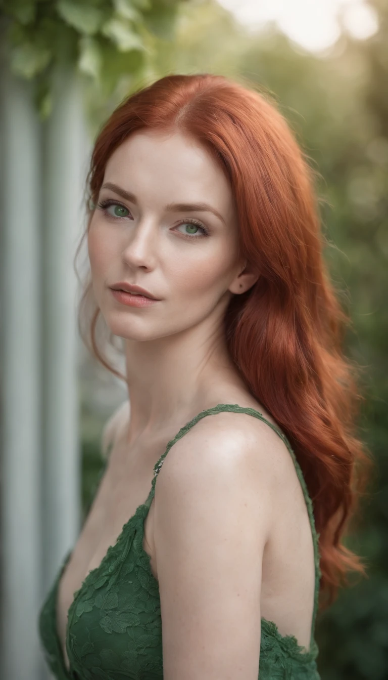 woman with red hair, white skin, green eyes, high detail with every part of her face visible. 35 years old