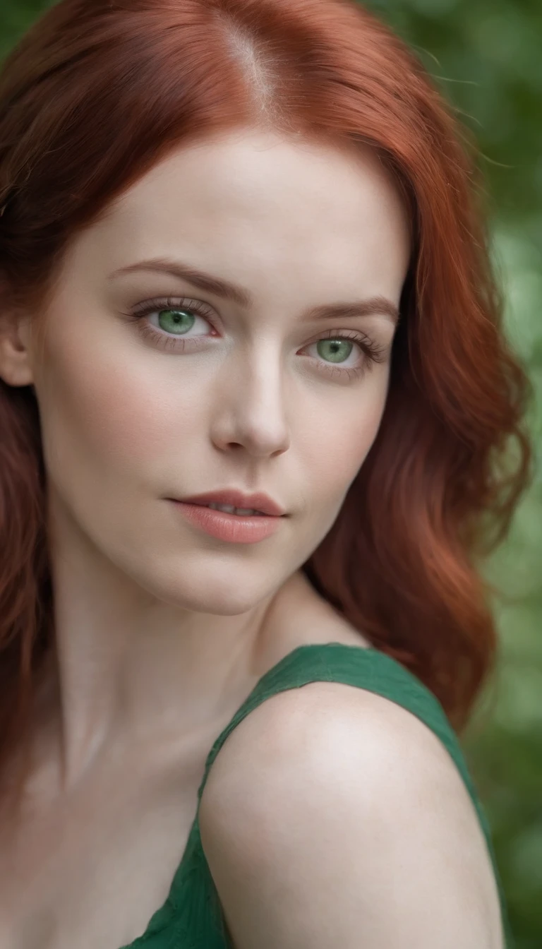 woman with red hair, white skin, green eyes, high detail with every part of her face visible. 35 years old
