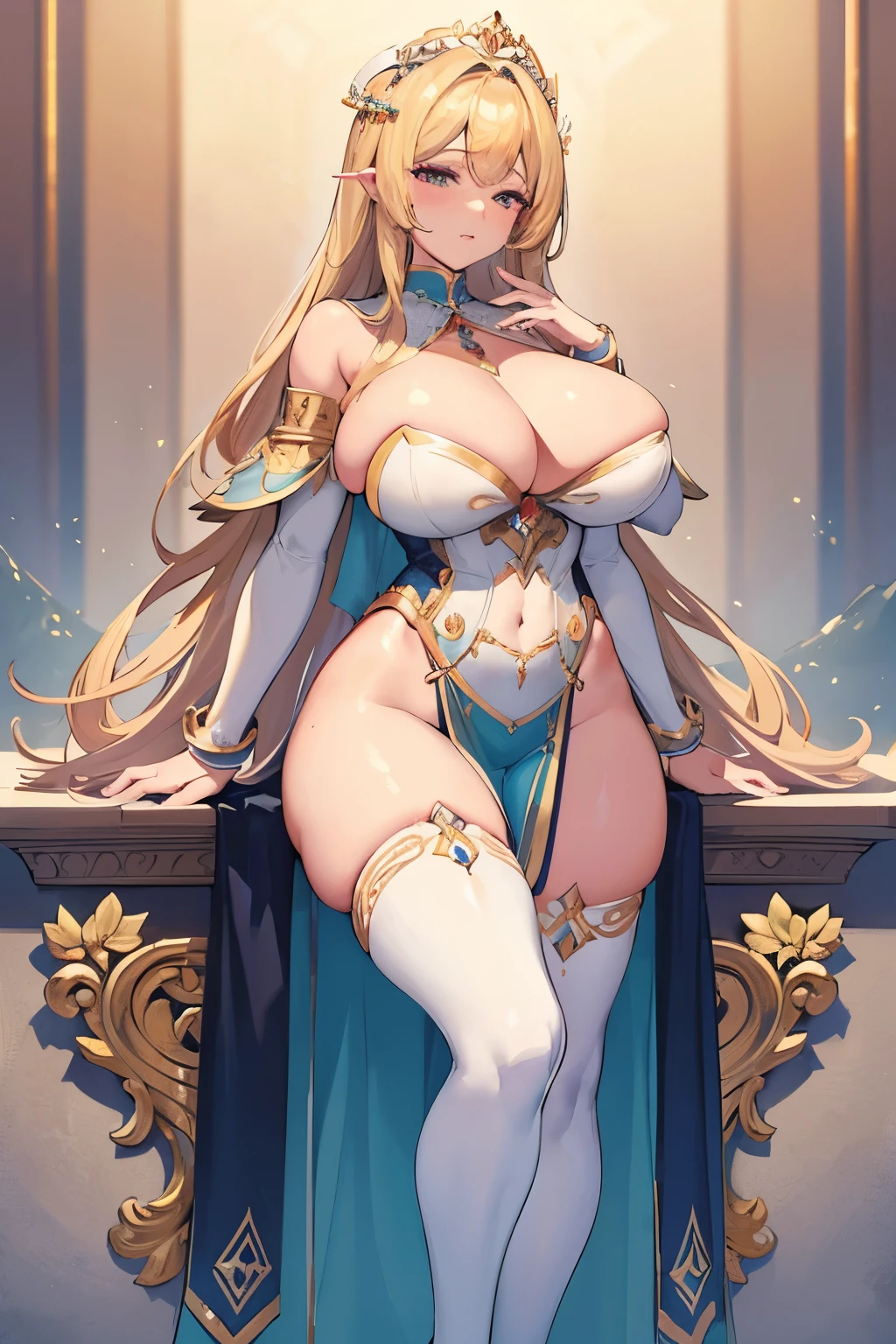 masterpiece, best quality, finely detailed, 1 goddess, blonde hair, long and flowing, ultra-detailed, voluptuous figure with gigantic breasts and ample cleavage, small waist, thigh-high stockings, elegant and sophisticated attire, sensual and alluring, high resolution, extremely delicate and beautiful, captured in a breathtaking 4K or 8K image, bringing out the goddess's divine features and radiant beauty.