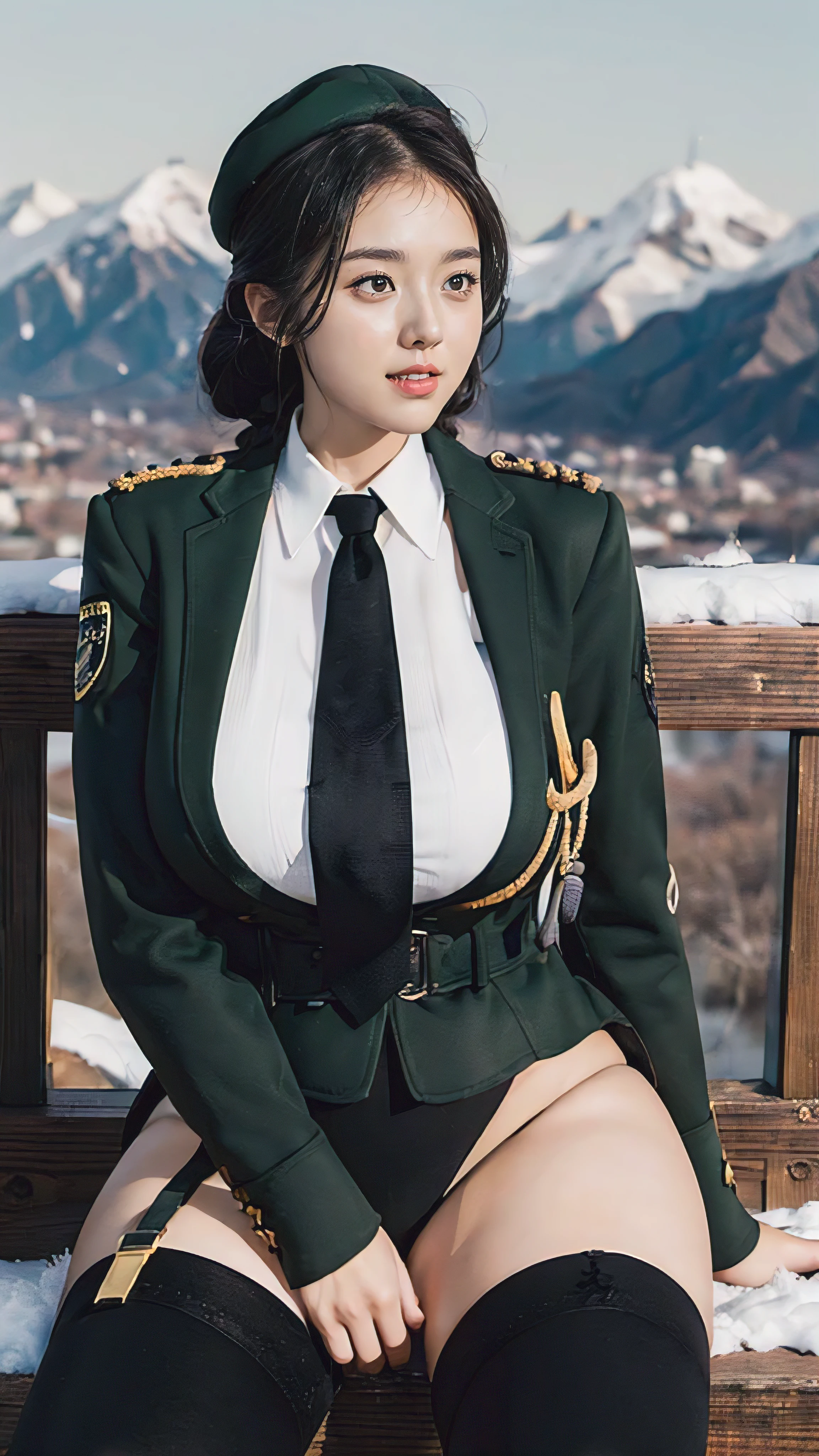 Typically detailed CG Unity 8K wallpapers，（masterpiece），（best quality），（Super detailed），（Super real photos），（Best character details：1.36），Nikon D750F / 1.4 55mm，original photo，professional lighting， Physically based rendering, 1 plump girl, female soldier，(Dark green military uniform，(Dark green military uniform)，business suit，Fabric texture military uniform, Perfect military calm)，(Wear a plain white shirt under the jacket:1.25)，(black tie)，((Black panty,))，bare legs，plump thigh military cap，Large wavy curls，Do not tie your hair，Short hair details，Twist braids)，golden ratio,[:(Have a delicate face:1.2):0.2]:，pure love face_v1，thick bushy eyebrows,(huge breasts:1.55),(huge ass),(plump thighs:1.45),(wide hips:1.55),((Place your finger to your mouth):1.4)，close-up，((Smile full of confidence， Shy，on snowy mountains):1.35)，(((Close-up of panties),Close-up of chest,face close-up,Front view，))，(sunset sky，gentlesunlight，sunshine on face，(light shining on face)，blue sky，sunny smile，brilliance)，white teeth，(look at me)，(((Tik, bbw sauce, Thick and tight, wide hips, Buttocks swell crazily,🐎🍑,(Spread your legs apart:1.2),attractive pose,sexy pose,A woman in uniform sits cross-legged on a platform, ) )，azure lane style),spread legs,