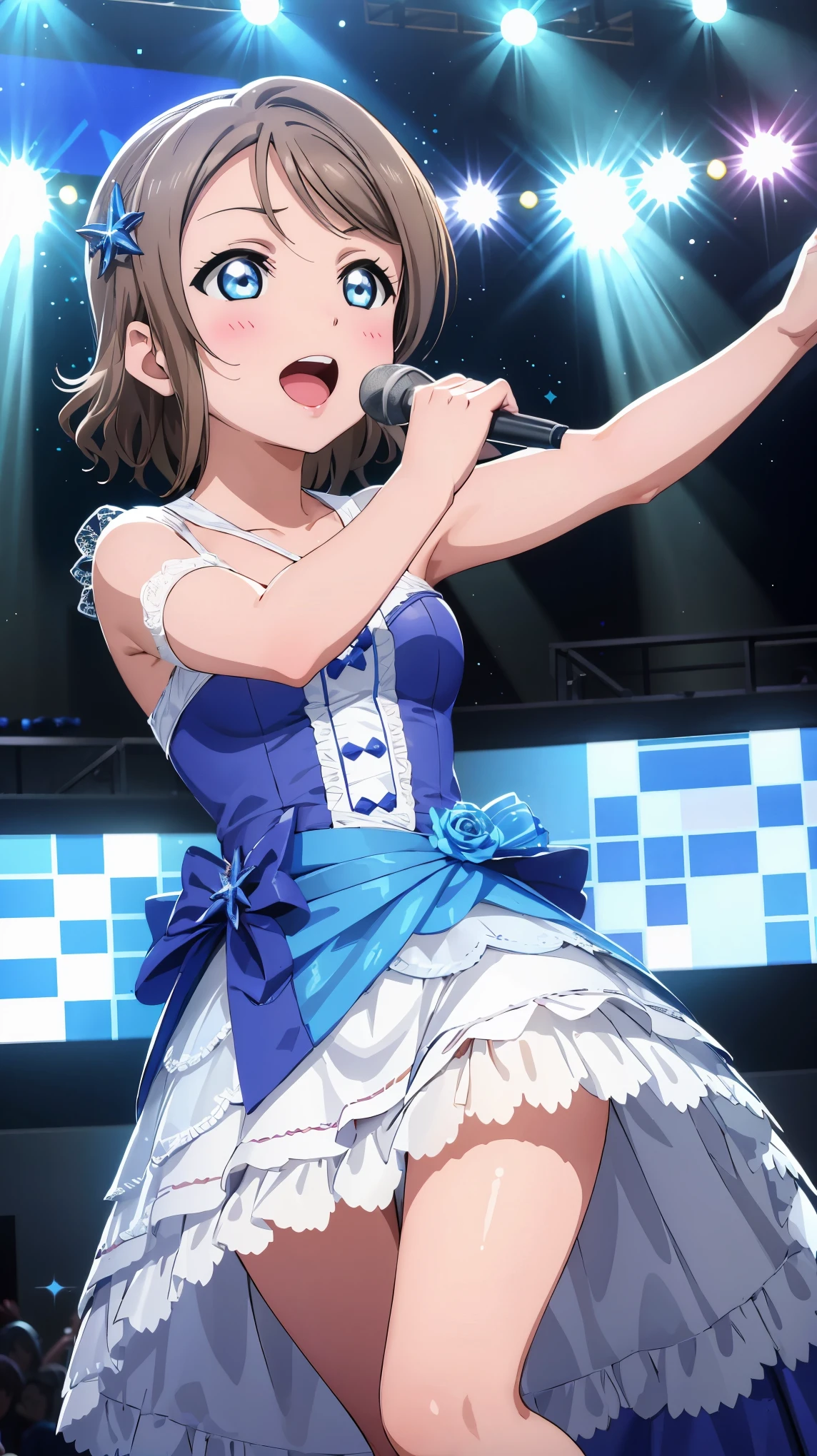 (((Perfect pixel, Perfect details))), Single, 1girl, You are Watanabe, Uranohoshi , dress, stage love live, sing, 