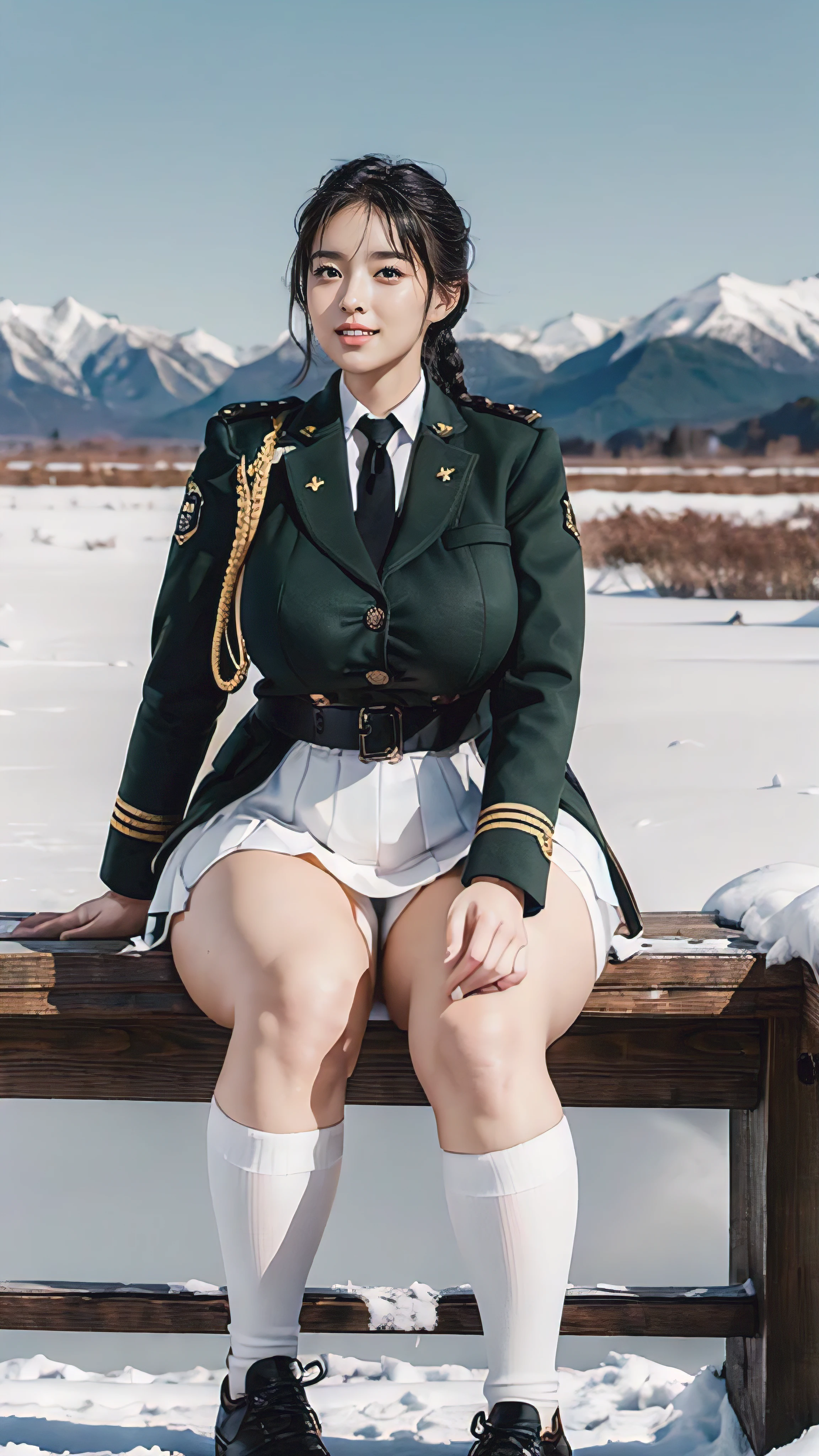 Typically detailed CG Unity 8K wallpapers，（masterpiece），（best quality），（Super detailed），（Super real photos），（Best character details：1.36），Nikon D750F / 1.4 55mm，original photo，professional lighting， Physically based rendering, 1 plump girl, female soldier，(Dark green military uniform，(Dark green military uniform)，business suit，Fabric texture military uniform, Perfect military calm)，(Wear a plain white shirt under the jacket:1.25)，(black tie)，((Black panty,))，bare legs，plump thigh military cap，Large wavy curls，Do not tie your hair，Short hair details，Twist braids)，golden ratio,[:(Have a delicate face:1.2):0.2]:，pure love face_v1，thick bushy eyebrows,(huge breasts:1.55),(huge ass),(plump thighs:1.45),(wide hips:1.55),((Place your finger to your mouth):1.4)，close-up，((Smile full of confidence， Shy，on snowy mountains):1.35)，(((Close-up of panties),Close-up of chest,face close-up,Front view，))，(sunset sky，gentlesunlight，sunshine on face，(light shining on face)，blue sky，sunny smile，brilliance)，white teeth，(look at me)，(((Tik, bbw sauce, Thick and tight, wide hips, Buttocks swell crazily,🐎🍑,(Spread your legs apart:1.2),attractive pose,sexy pose,A woman in uniform sits cross-legged on a platform, ) )，azure lane style),spread legs,