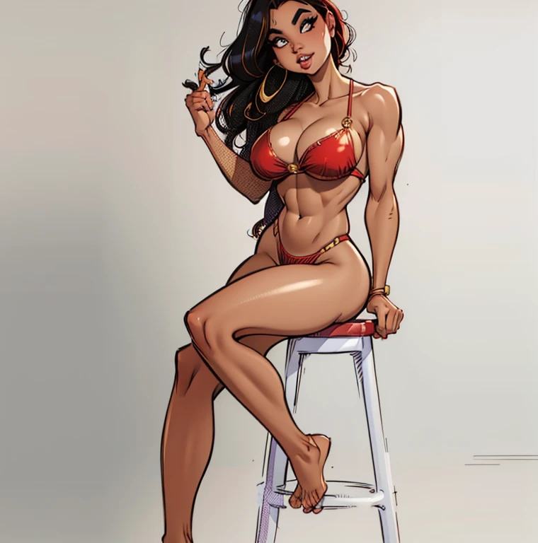 arafed woman in a red bikini sitting on a stool, fit curvy physique, fit physique, fit pic, 30-year-old woman from cuba, andrea rocha, ifbb fitness body, fit body, strong pose, sporty physique, posing and flexing, middle body shot, fit girl, malika favre, tanned ameera al taweel