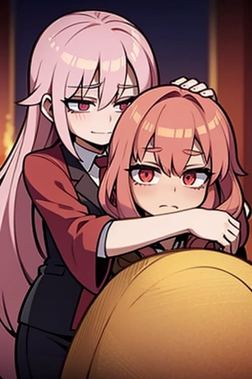 A pink haired woman with violet eyes is hugging a red haired woman with red eyes with loving gazes in a cemetery in front of a fireplace