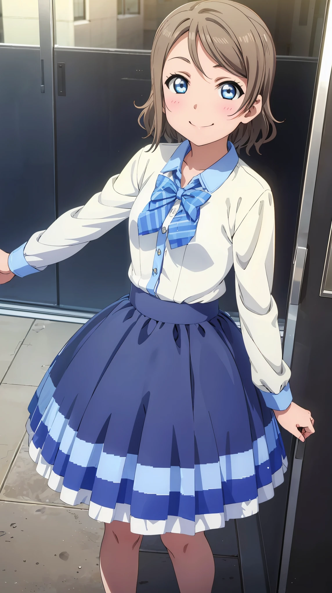 (((Perfect pixel, Perfect details))), Single, 1girl, You are Watanabe, Uranohoshi , bow tie, Looking at the scenes, He smiles