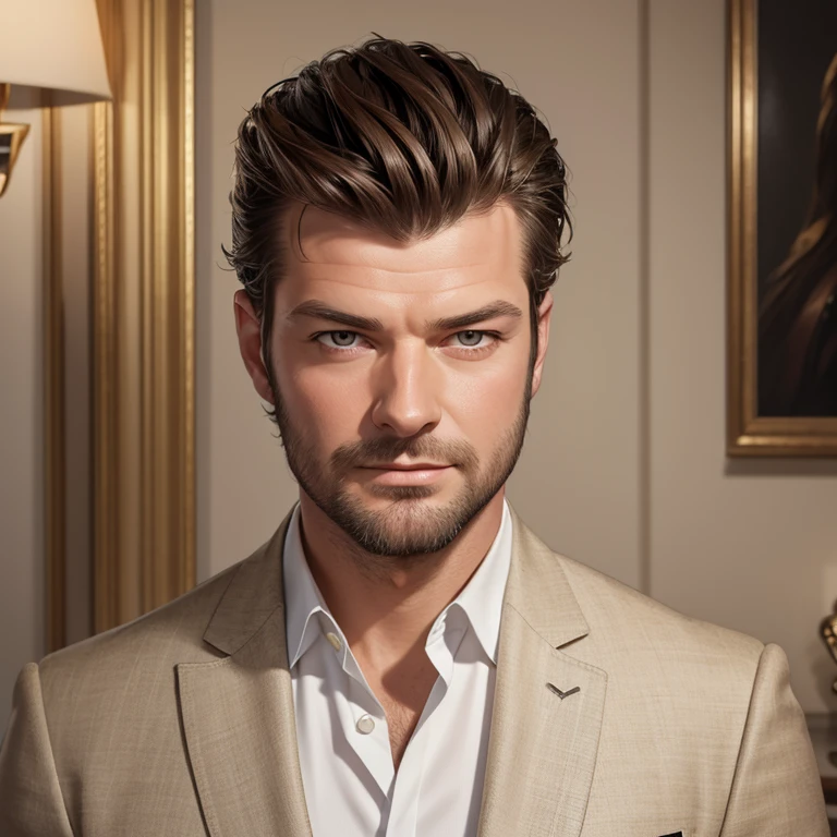 best quality,ultra-detailed,Kivanç Tatlitug with hazel eyes,suave and confident look,dark hair,well-groomed beard,sharp facial features,charming smile,tailored suit,posing in a luxurious setting,soft lighting,warm color tones,captivating gaze,expressive eyes,mesmerizing presence,artistic portraiture-painting style,vivid colors,subtle brushstrokes,photorealistic rendering,finely detailed facial expressions,impeccable fashion sense,sophisticated elegance,timeless beauty,perfect symmetry,high-res image,flawless skin complexion,refined taste,masterpiece:1.2, hazel eyes, hazel eyes,hazel eyes,hazel eyes,hazel eyes
