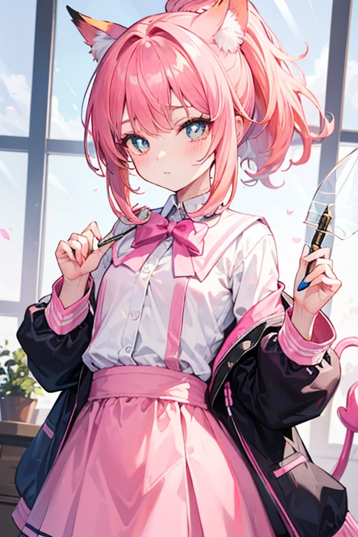 Long light orange hair，Pink bow，Fairy braids，nurses uniform，The hands are slightly blue，White figure eight bangs，Fairies in soft clothes flutter blue and white yarn，She is a fairy-like sword repair girl，Has pink and yellow hair，High ponytail，Jacket school uniform，Slim waist, Flat chest，Sweet cute girl with slightly blue hands，White figure eight bangs，Fairies in soft clothes flutter blue and white yarn，She is a fairy-like sword repair girl，Has pink and yellow hair，High ponytail，Jacket school uniform，Slim waist, Flat chest，Sweet and cute girl，short pink hair，Transparency，Wearing a milky white ultra-light pink ，Light pink pupils，Super cute sweet girl pink yellow hair，High ponytail，Jacket ，Slim waist, Flat chest，Sweet cute girl with dark pink hair, Charming pink love pupils, Daji black pink hair，Wearing a pink dress in pink and black, Charming pink love pupils, Daji in a pink and black dress, exposed belly, (big )