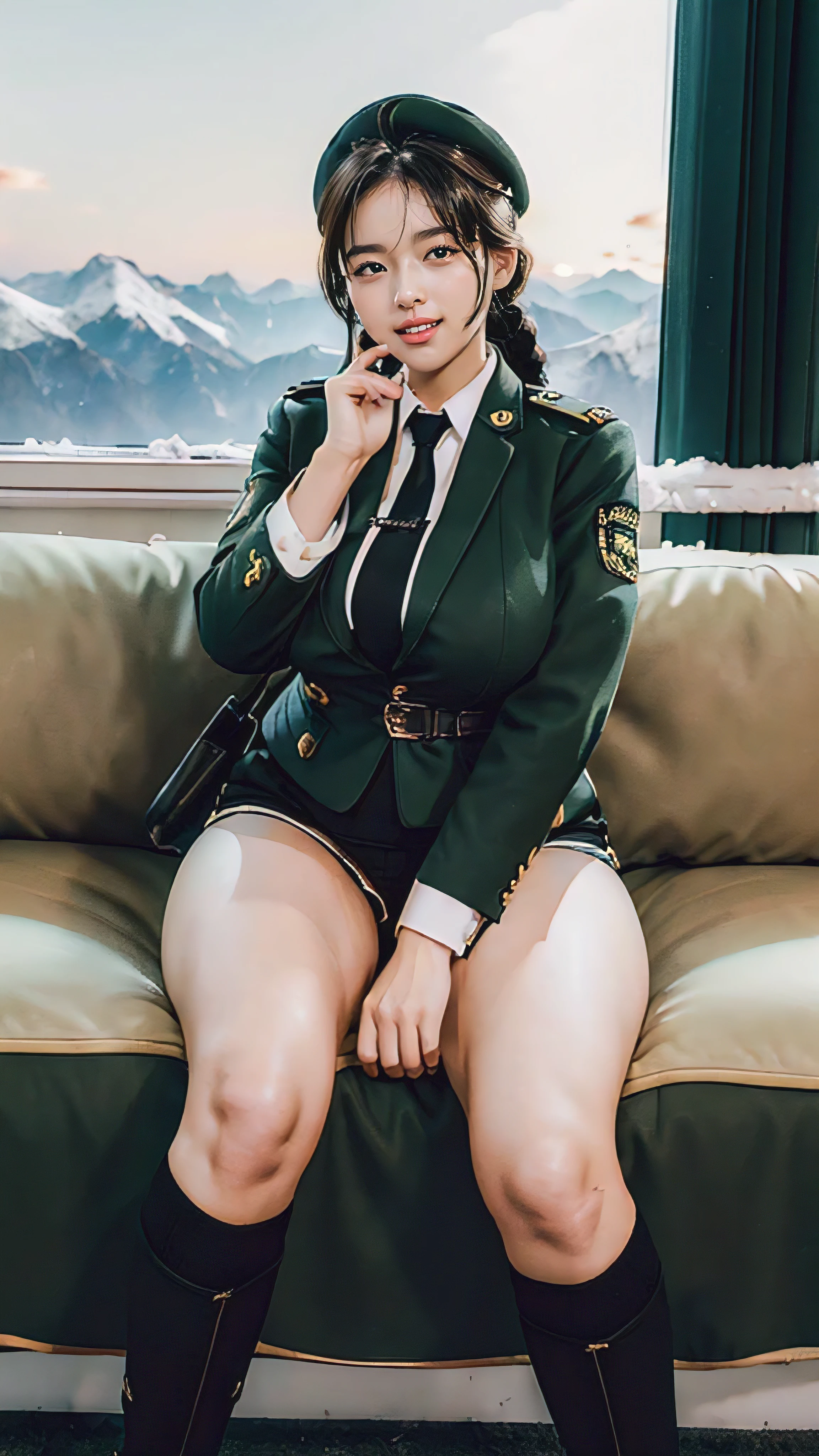 Typically detailed CG Unity 8K wallpapers，（masterpiece），（best quality），（Super detailed），（Super real photos），（Best character details：1.36），Nikon D750F / 1.4 55mm，original photo，professional lighting， Physically based rendering, 1 plump girl, female soldier，(Dark green military uniform，(Dark green military uniform)，business suit，Fabric texture military uniform, Perfect military calm)，(Wear a plain white shirt under the jacket:1.25)，(black tie)，((Black panty,))，bare legs，plump thighs,military cap，Large wavy curls，Do not tie your hair，Short hair details，Twist braids)，golden ratio,[:(Have a delicate face:1.2):0.2]:，pure face_v1，thick bushy eyebrows,(huge breasts:1.55),(huge ass),(plump thighs:1.45),(wide hips:1.55),((Place your finger to your mouth):1.4)，close-up，((Smile full of confidence， Shy，on snowy mountains):1.35)，(((Close-up of panties),Close-up of chest,face close-up,Front view，))，(sunset sky，gentlesunlight，sunshine on face，(light shining on face)，blue sky，sunny smile，brilliance)，white teeth，(look at me)，(((Tik, bbw sauce, Thick and tight, wide hips, Buttocks swell crazily,🐎🍑,(Spread your legs apart:1.2),attractive pose,sexy pose,A woman in uniform sits cross-legged on a platform, Bare thighs, bare legs, seduct smile, film grain, Cinema lighting) )，azure lane style),spread legs,