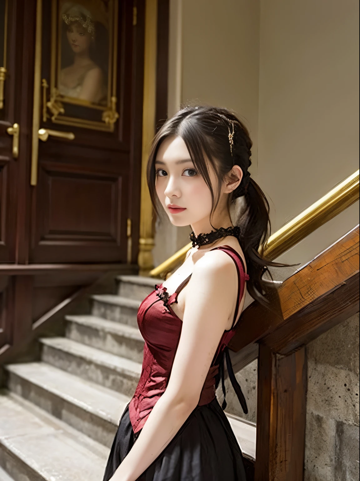 
Beautiful girl idol standing on the stairs、ponytail、18-year-old、Portrait、Rococo、steampunk、Rococo、anime