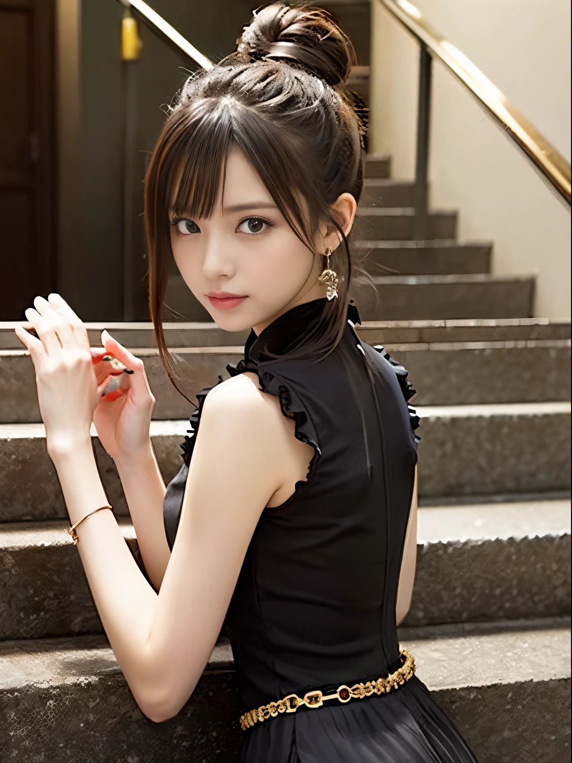 
Beautiful girl idol standing on the stairs、ponytail、18-year-old、Portrait、Rococo、steampunk、Rococo、anime